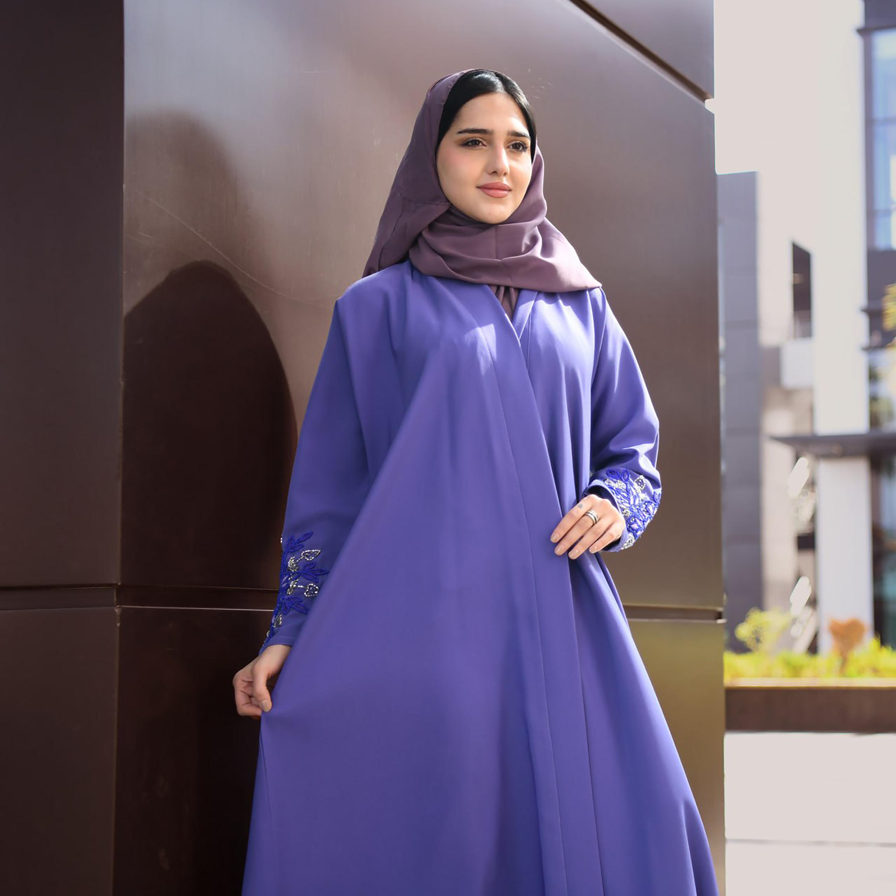 Hawraa Hand Beaded Sleeves Linen Cloche Wrap Abaya with Hijab-women-arabicclothing-abayas-image-2