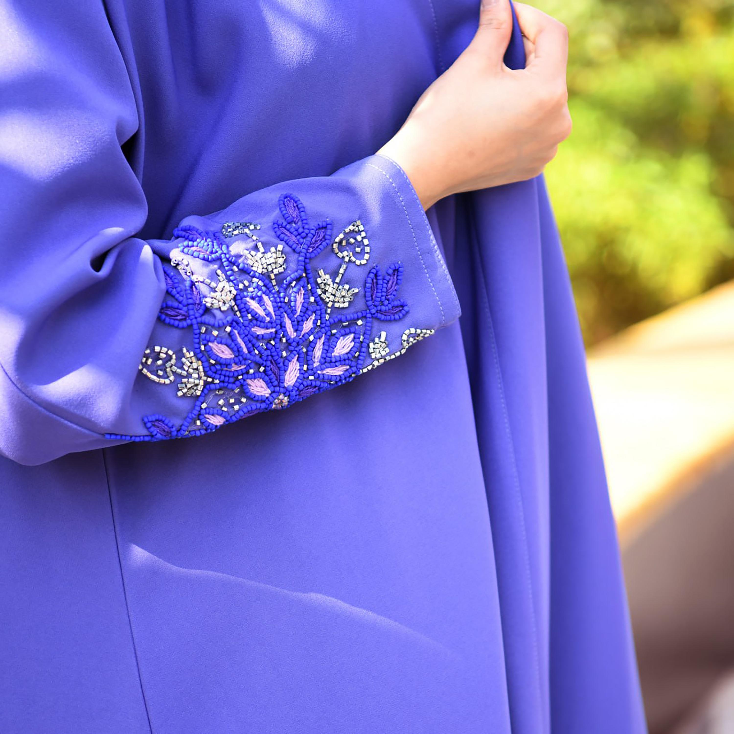 Hawraa Hand Beaded Sleeves Linen Cloche Wrap Abaya with Hijab-women-arabicclothing-abayas-image-3