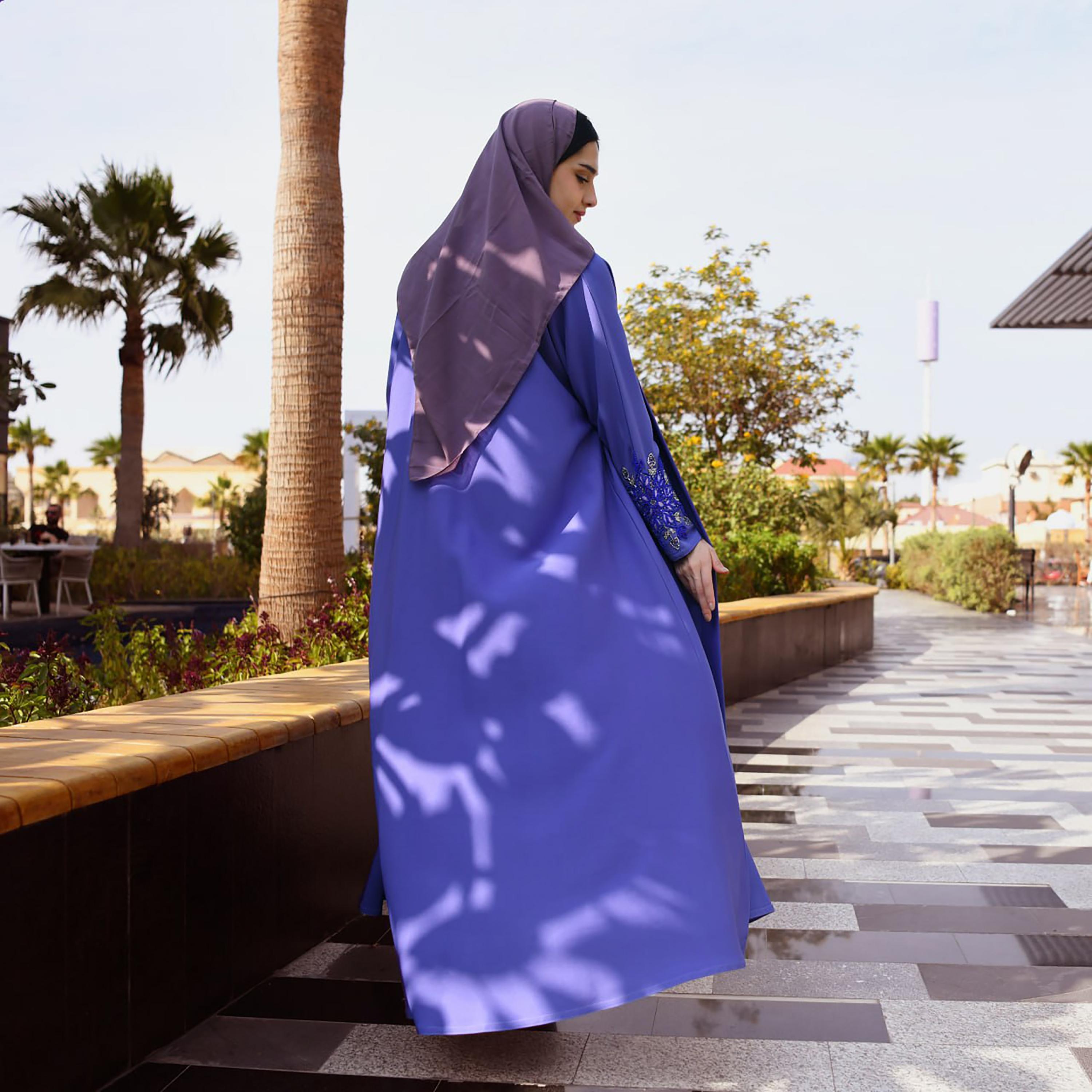 Hawraa Hand Beaded Sleeves Linen Cloche Wrap Abaya with Hijab-women-arabicclothing-abayas-image-4