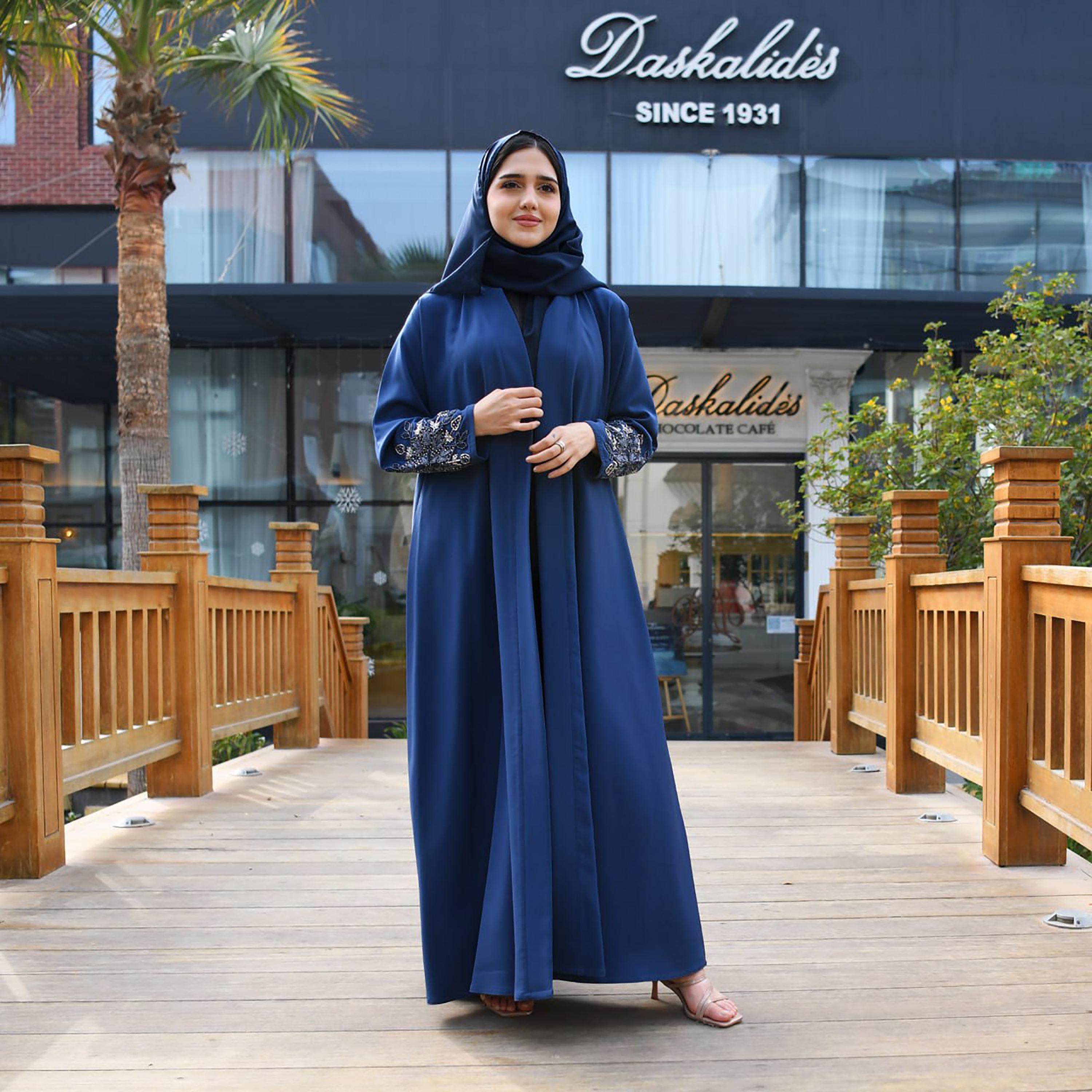 Hawraa Hand Beaded Sleeves Linen Cloche Wrap Abaya with Hijab-women-arabicclothing-abayas-image-1
