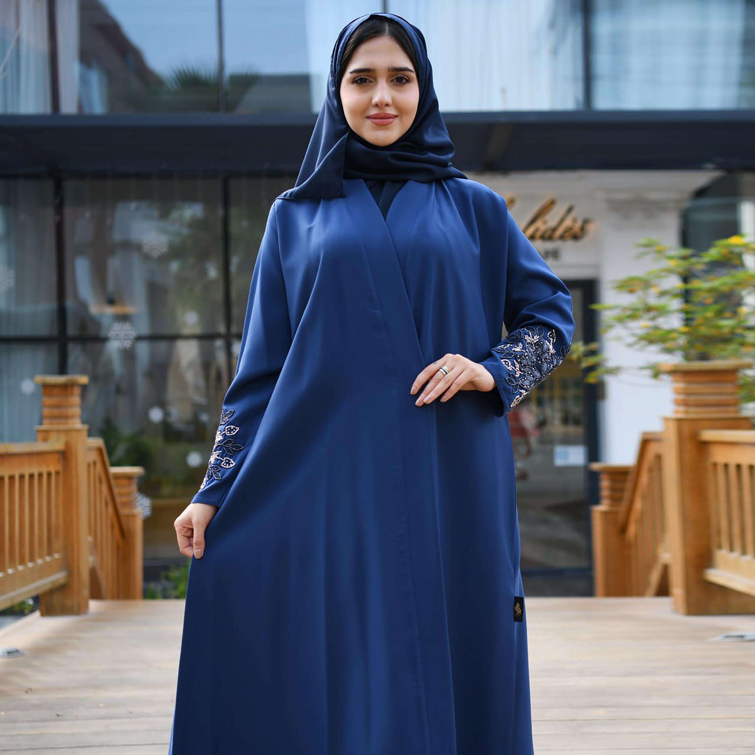 Hawraa Hand Beaded Sleeves Linen Cloche Wrap Abaya with Hijab-women-arabicclothing-abayas-image-2