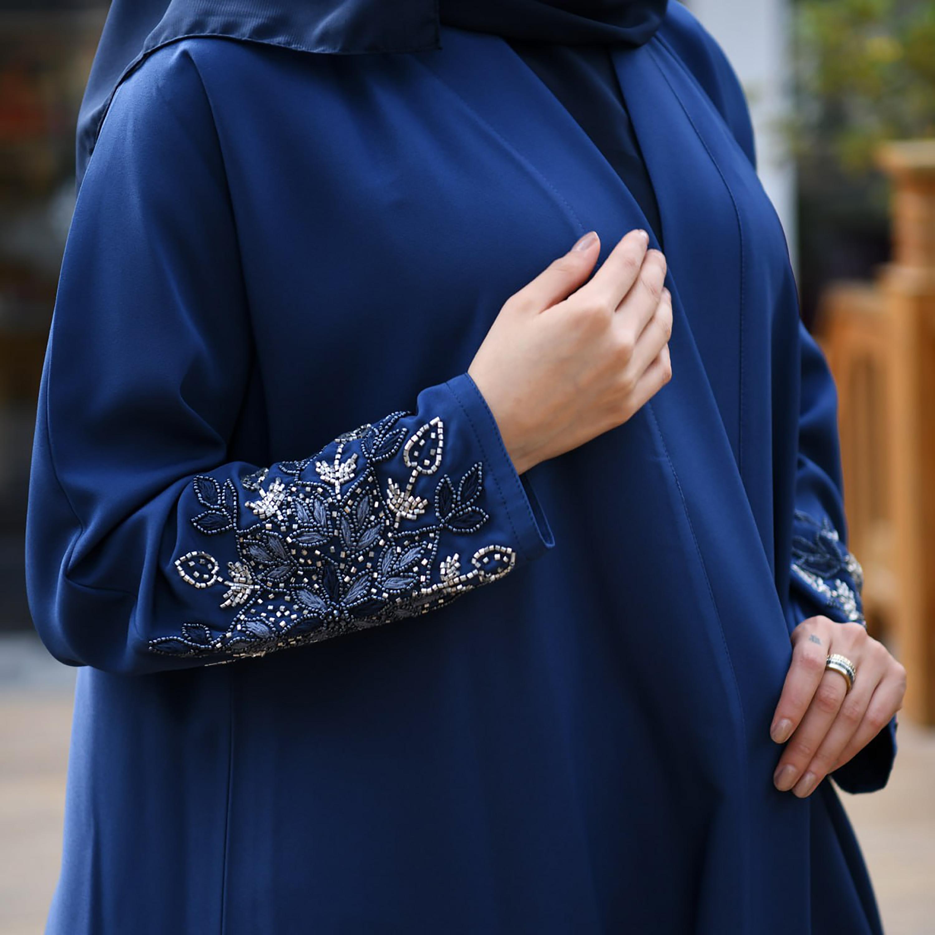 Hawraa Hand Beaded Sleeves Linen Cloche Wrap Abaya with Hijab-women-arabicclothing-abayas-image-3