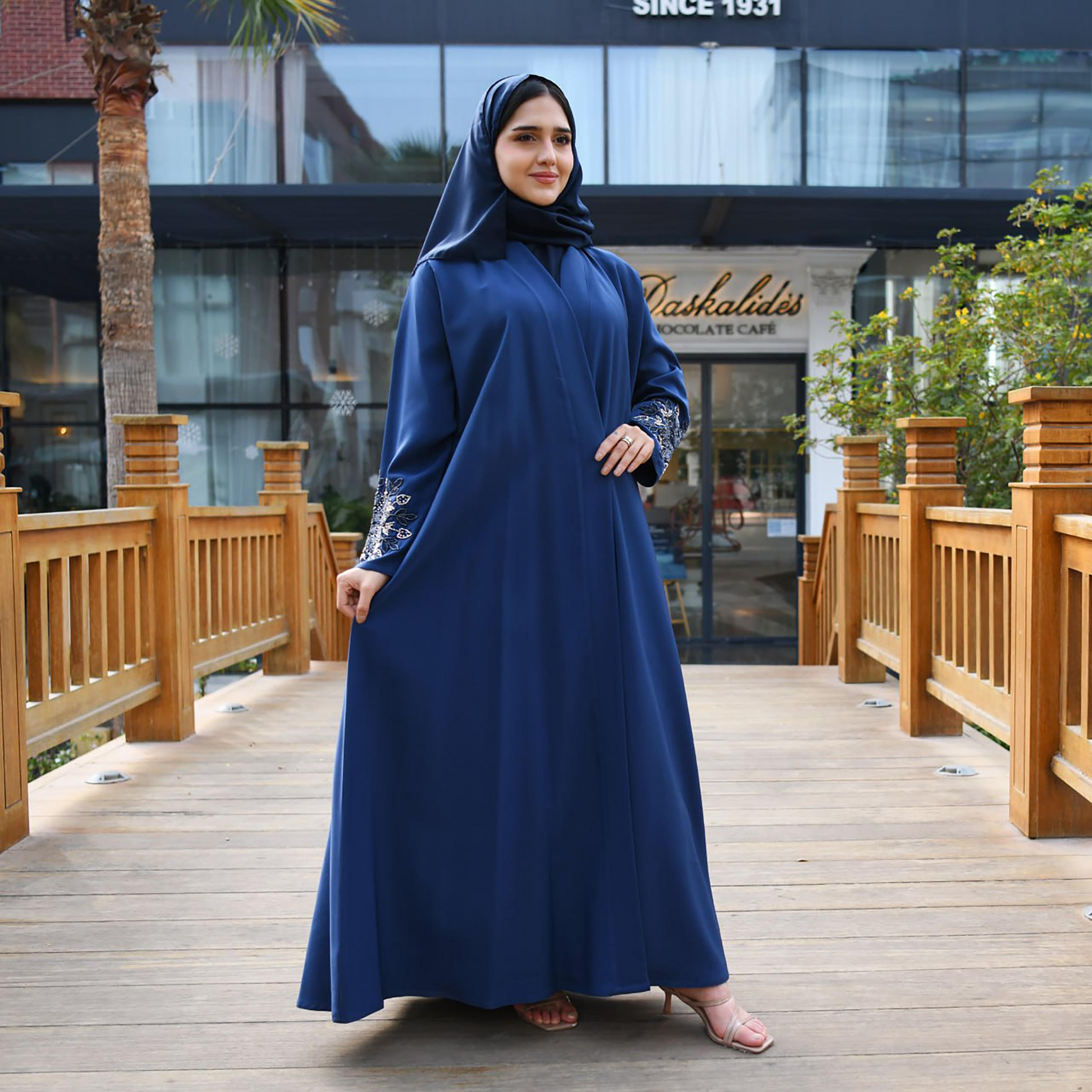 Hawraa Hand Beaded Sleeves Linen Cloche Wrap Abaya with Hijab-women-arabicclothing-abayas-image-4