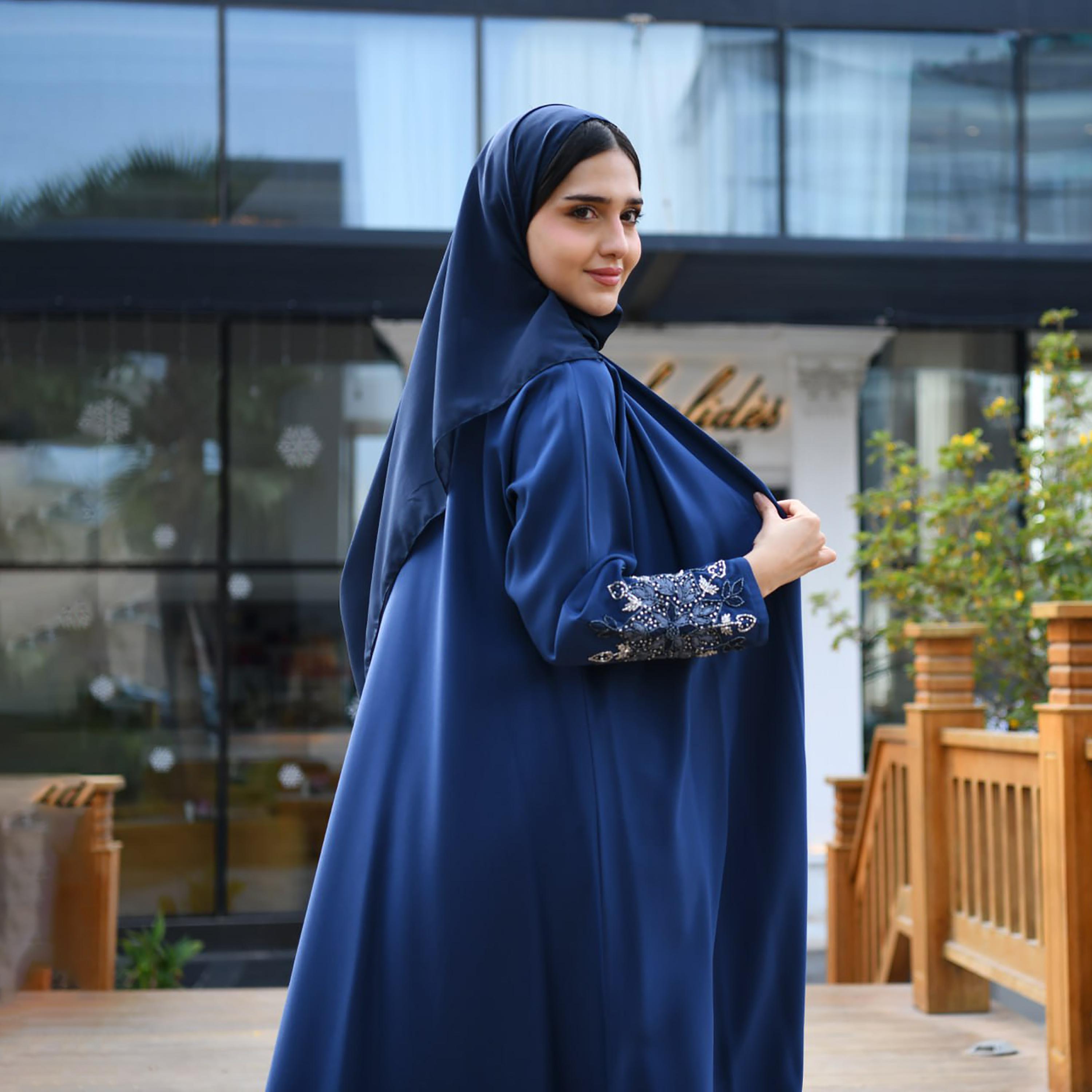 Hawraa Hand Beaded Sleeves Linen Cloche Wrap Abaya with Hijab-women-arabicclothing-abayas-image-5