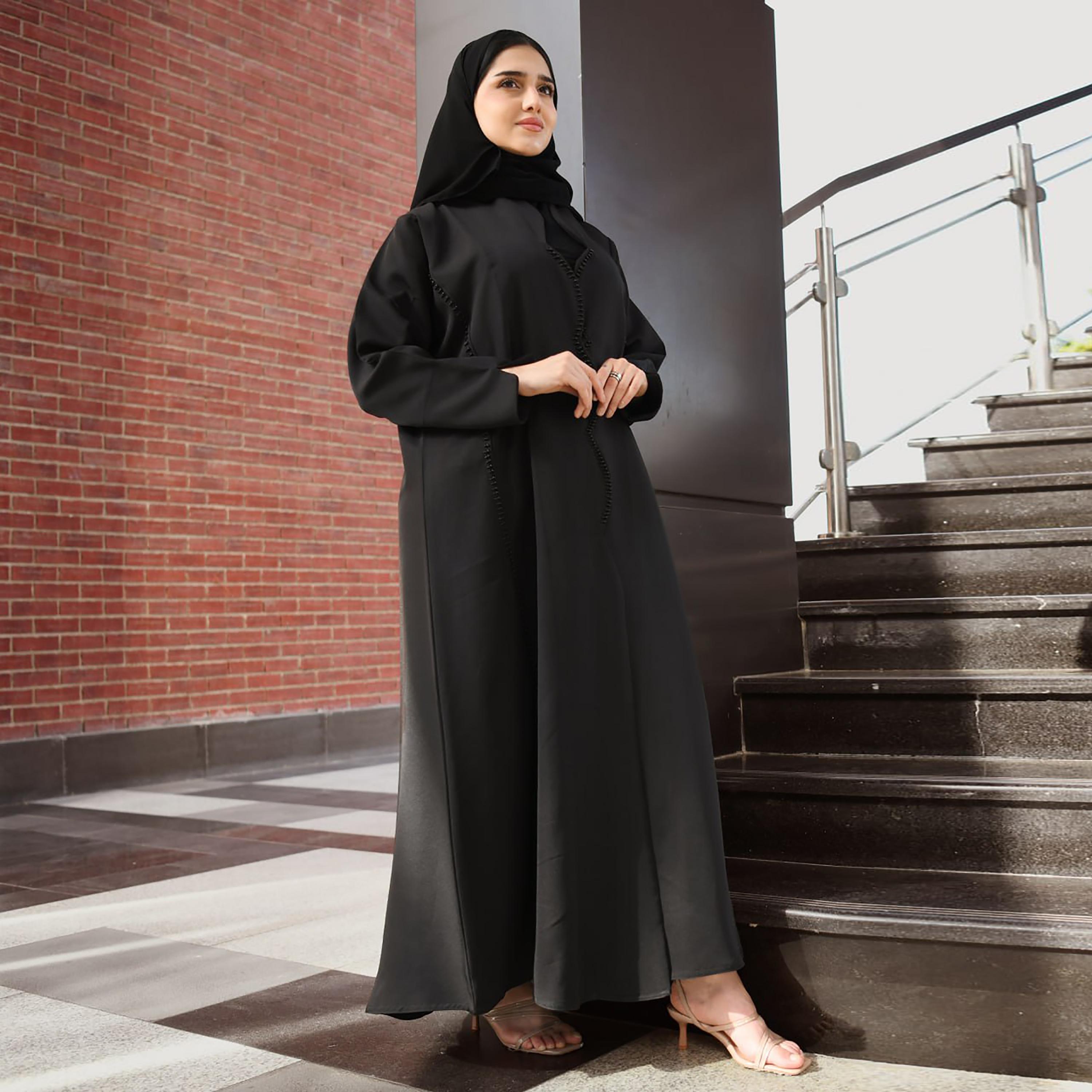 Hawraa Black Beaded Linen Abaya with Hijab-women-arabicclothing-abayas-image-1
