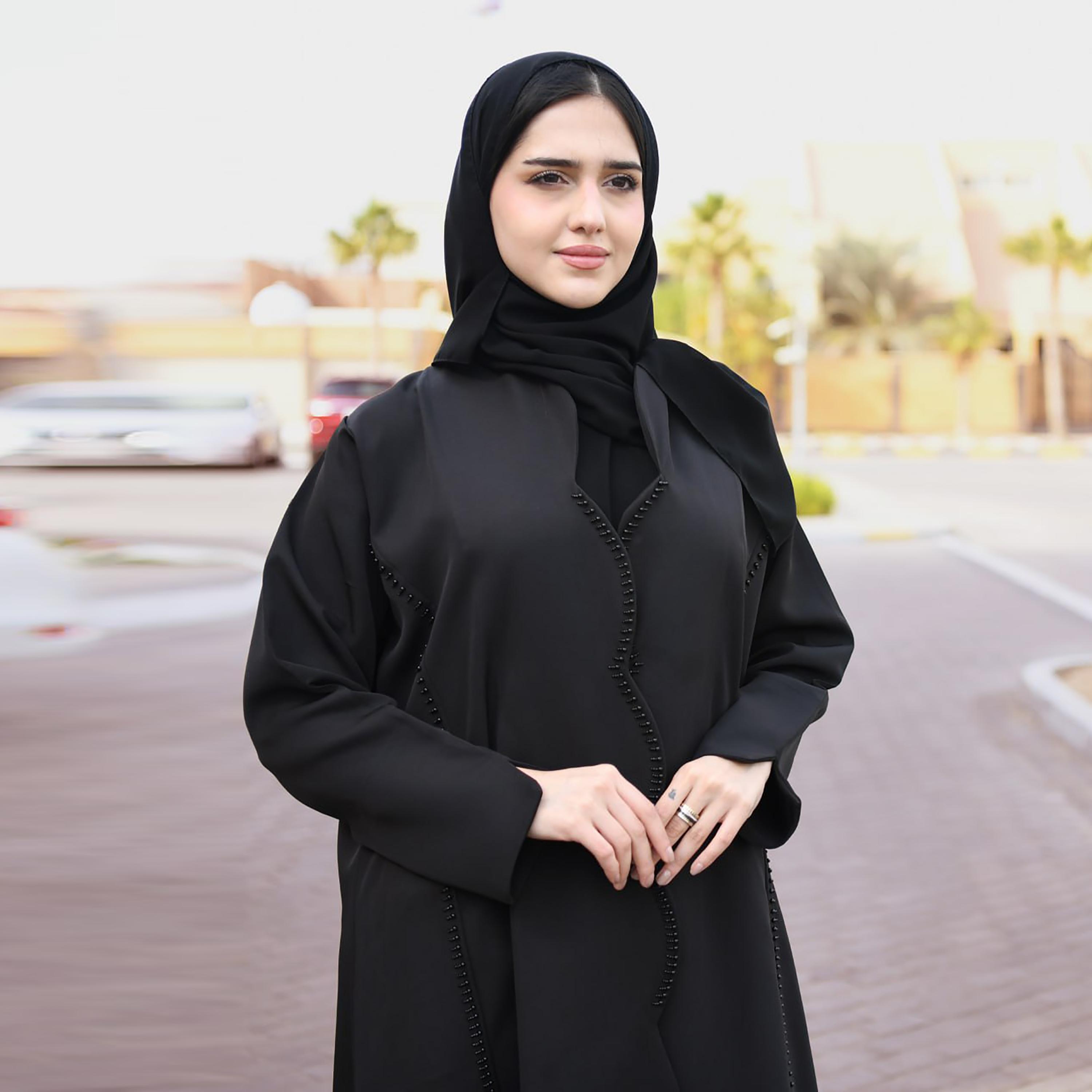 Hawraa Black Beaded Linen Abaya with Hijab-women-arabicclothing-abayas-image-2