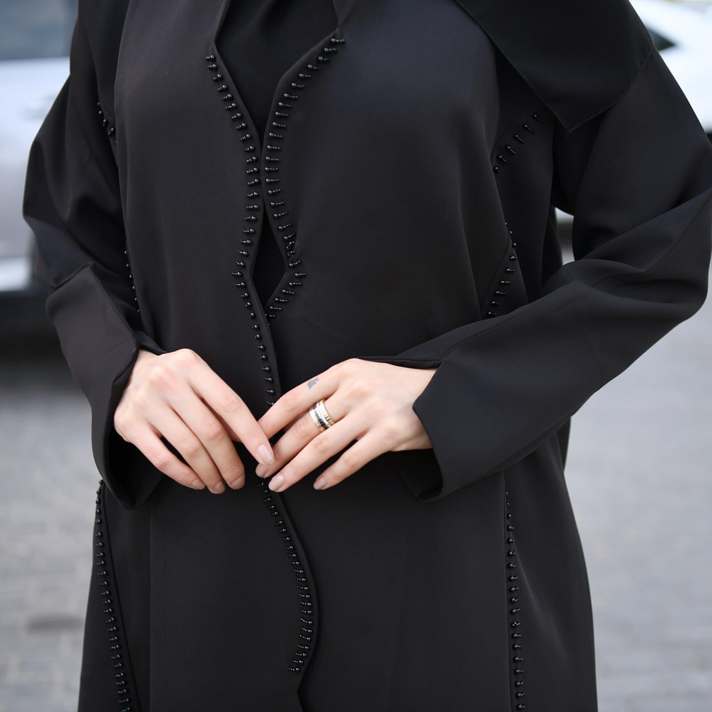 Hawraa Black Beaded Linen Abaya with Hijab-women-arabicclothing-abayas-image-3