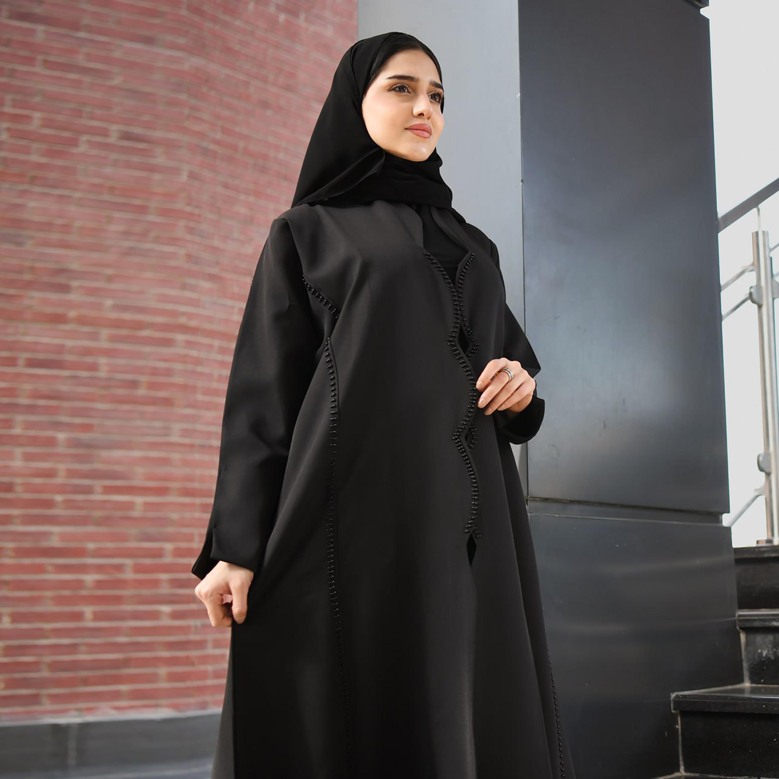 Hawraa Black Beaded Linen Abaya with Hijab-women-arabicclothing-abayas-image-4
