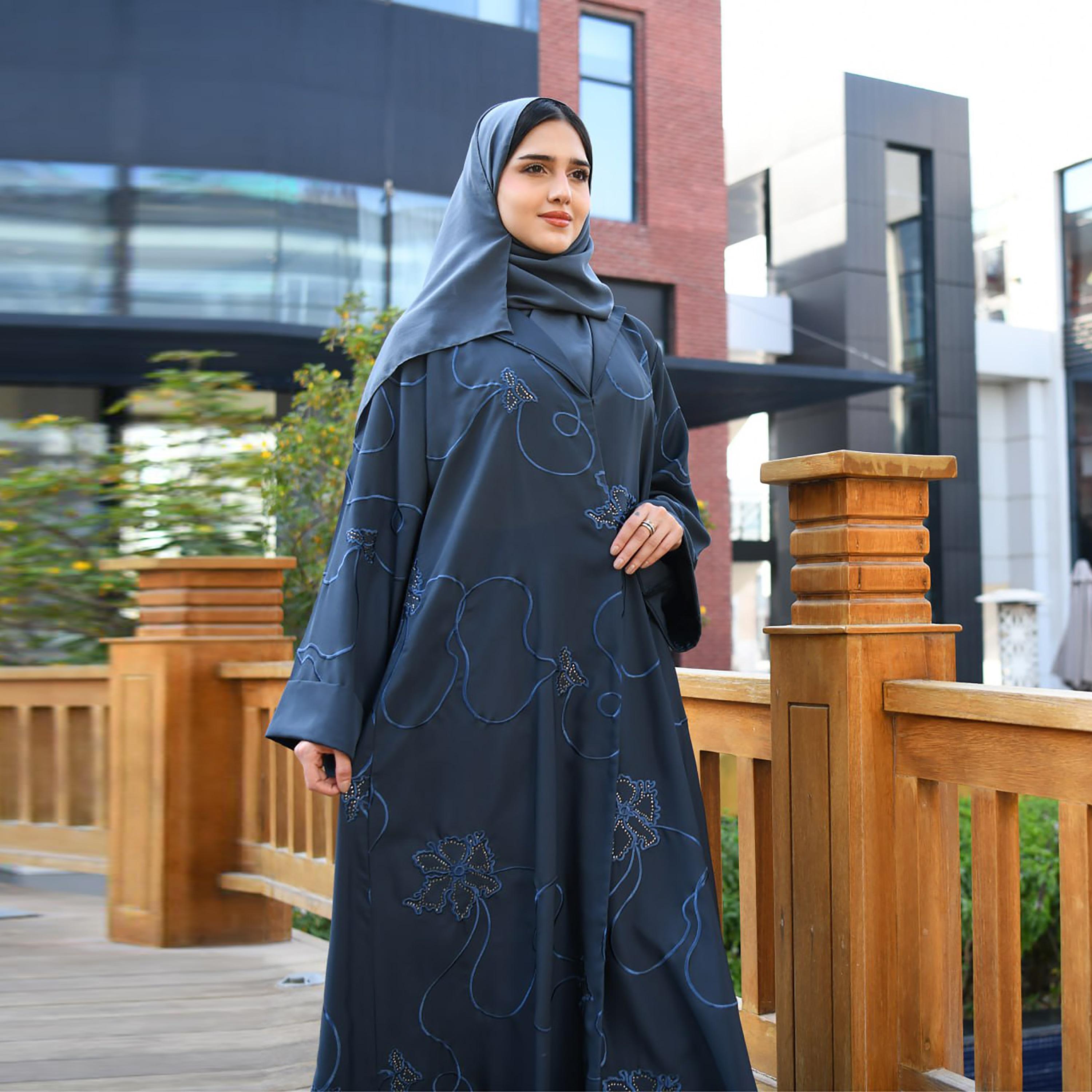 Hawraa Blue Wide Sleeves Embroidered Linen Cloche Abaya with Hijab-women-arabicclothing-abayas-image-1