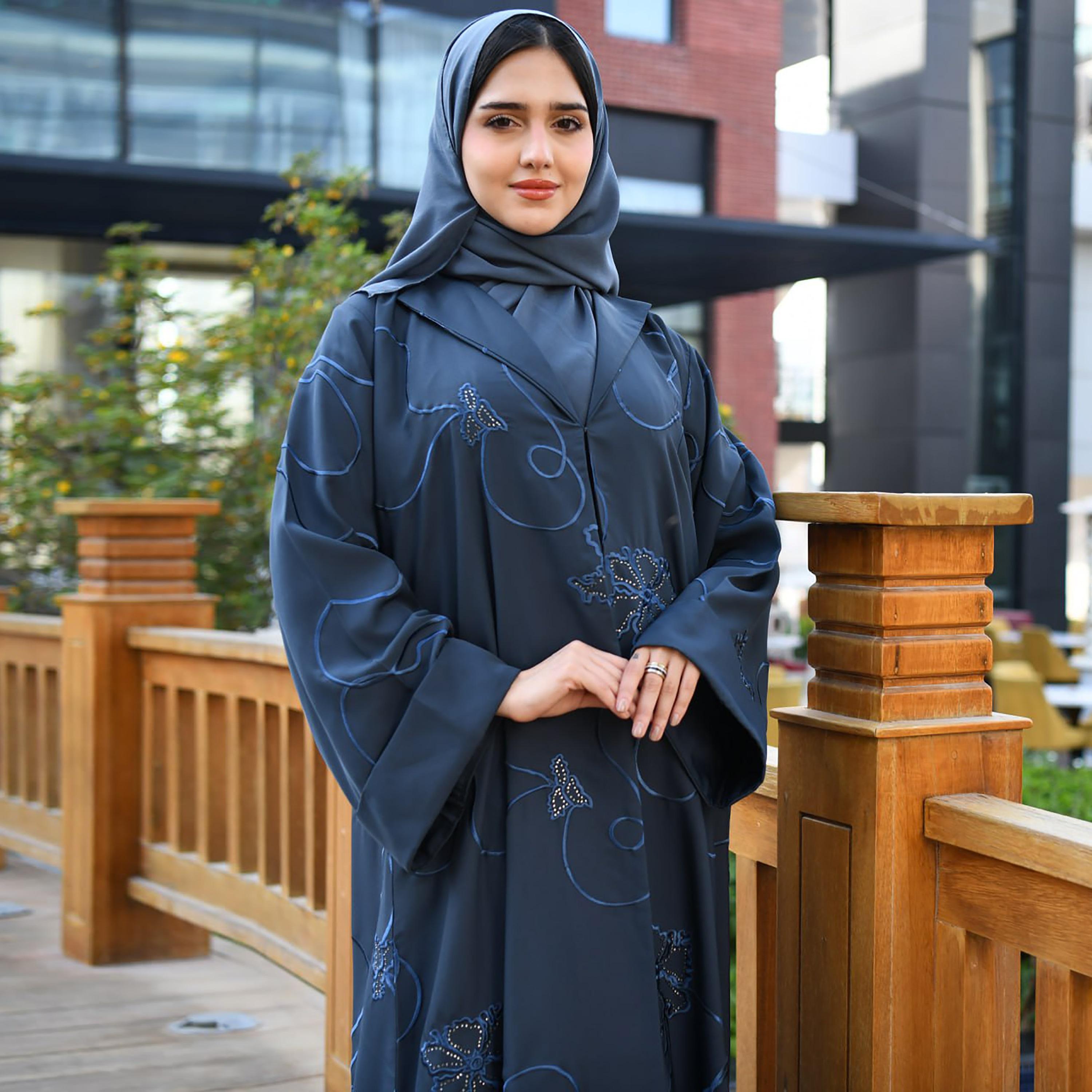 Hawraa Blue Wide Sleeves Embroidered Linen Cloche Abaya with Hijab-women-arabicclothing-abayas-image-2