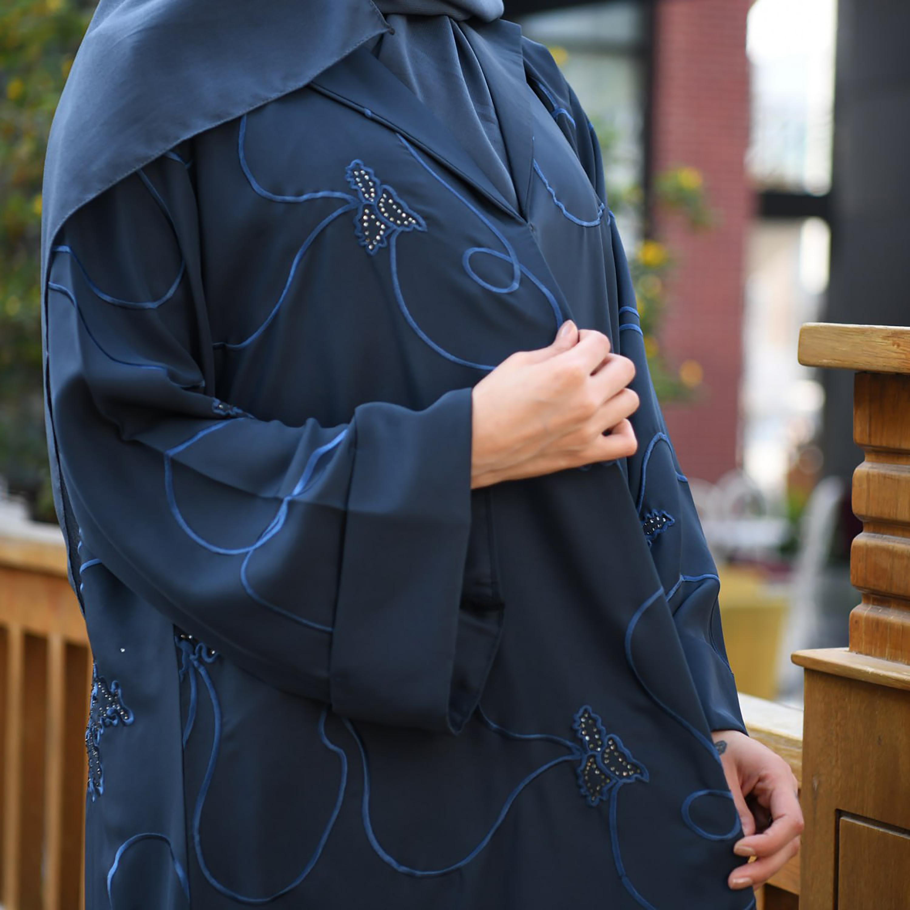 Hawraa Blue Wide Sleeves Embroidered Linen Cloche Abaya with Hijab-women-arabicclothing-abayas-image-3