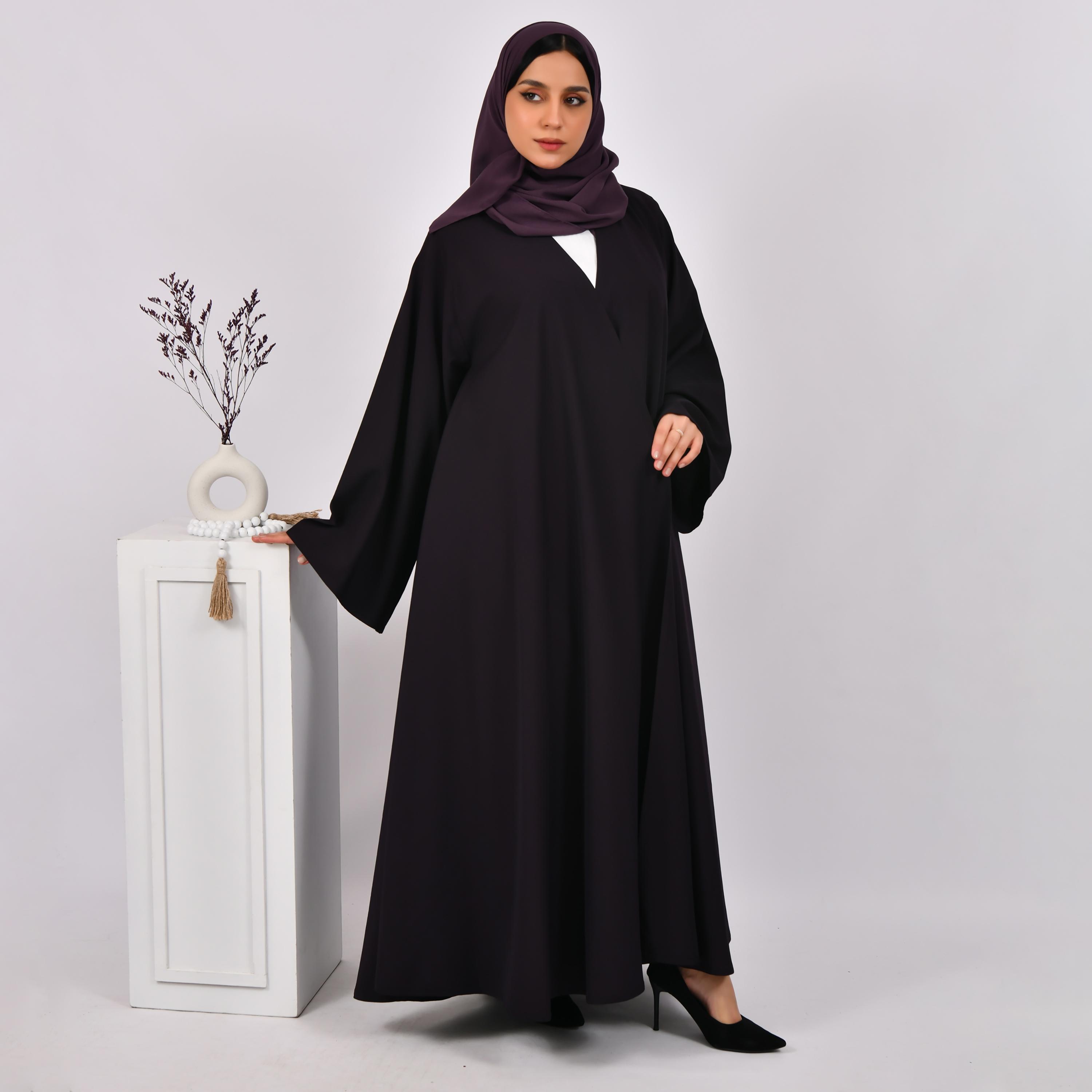 Hawraa Dark Purple Flared Sleeves Linen Cloche Wrap Abaya with Hijab-women-arabicclothing-abayas-image-1