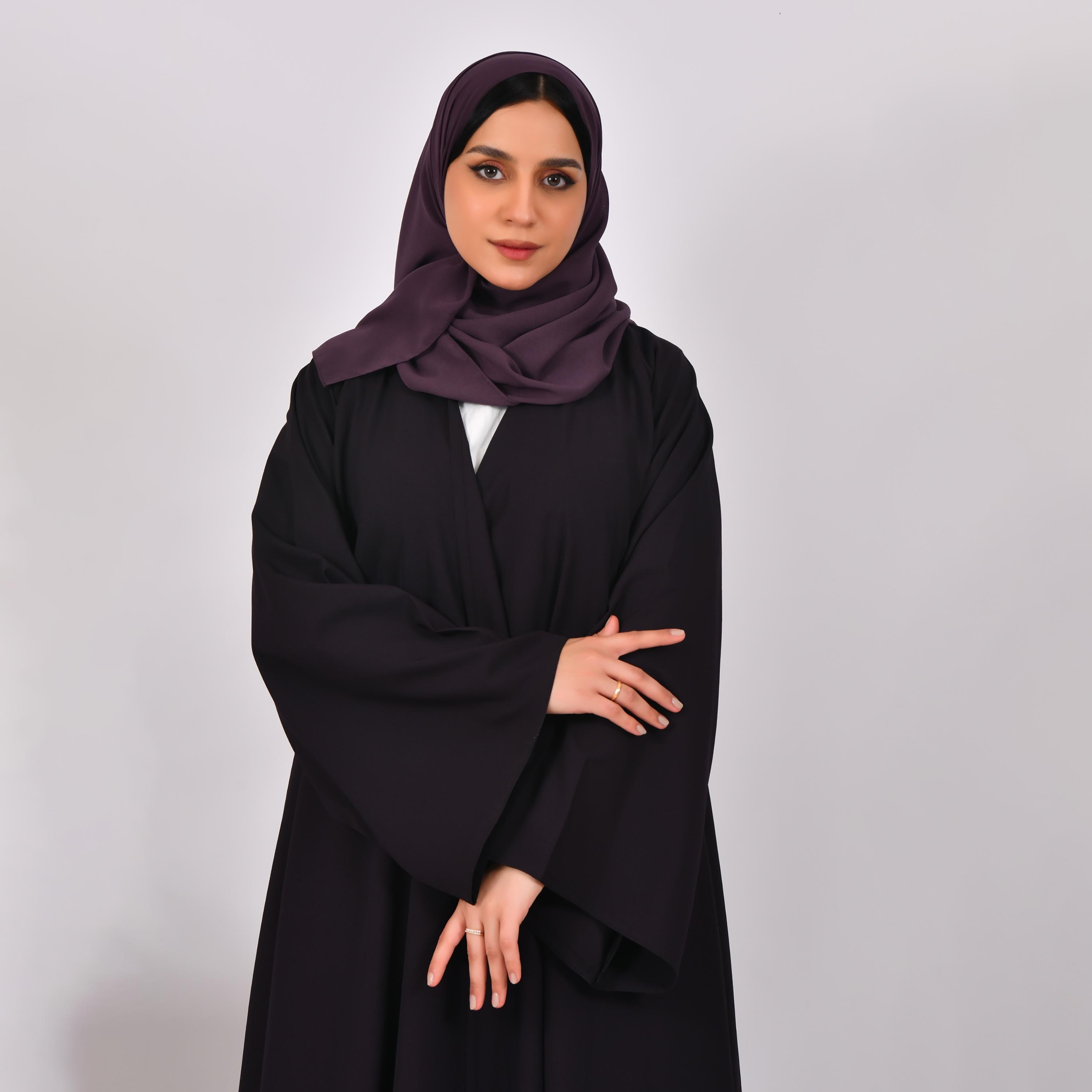 Hawraa Dark Purple Flared Sleeves Linen Cloche Wrap Abaya with Hijab-women-arabicclothing-abayas-image-2