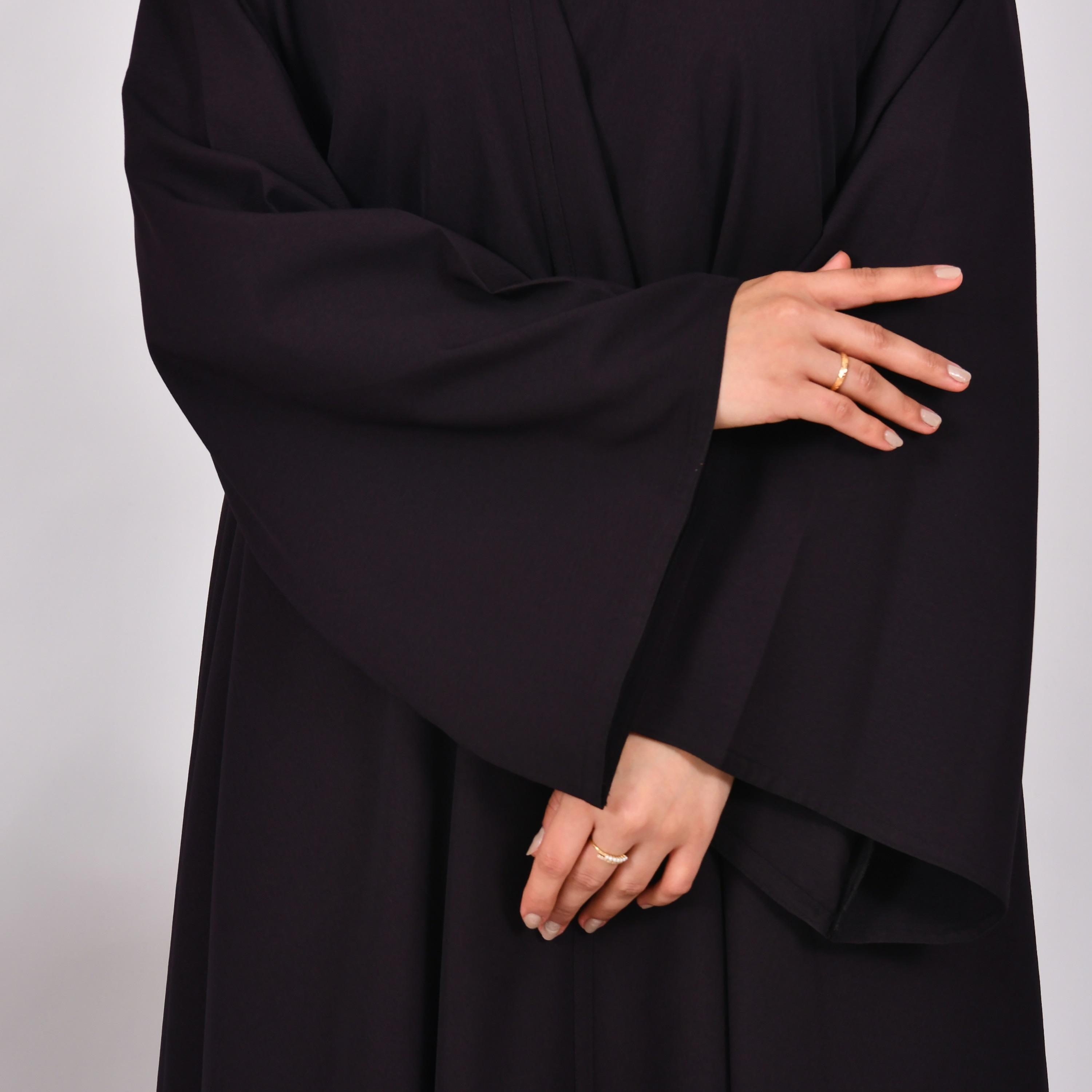 Hawraa Dark Purple Flared Sleeves Linen Cloche Wrap Abaya with Hijab-women-arabicclothing-abayas-image-3