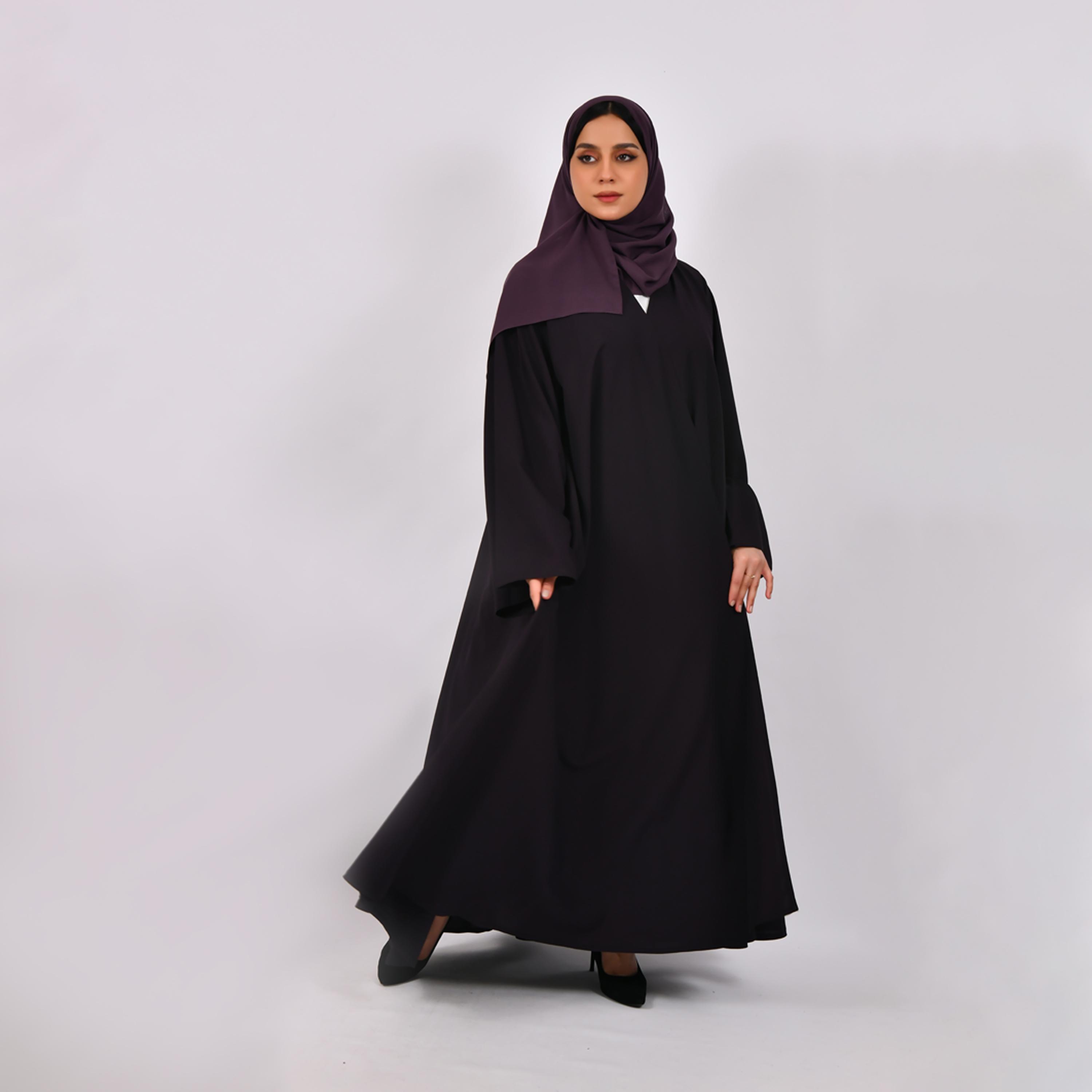 Hawraa Dark Purple Flared Sleeves Linen Cloche Wrap Abaya with Hijab-women-arabicclothing-abayas-image-4