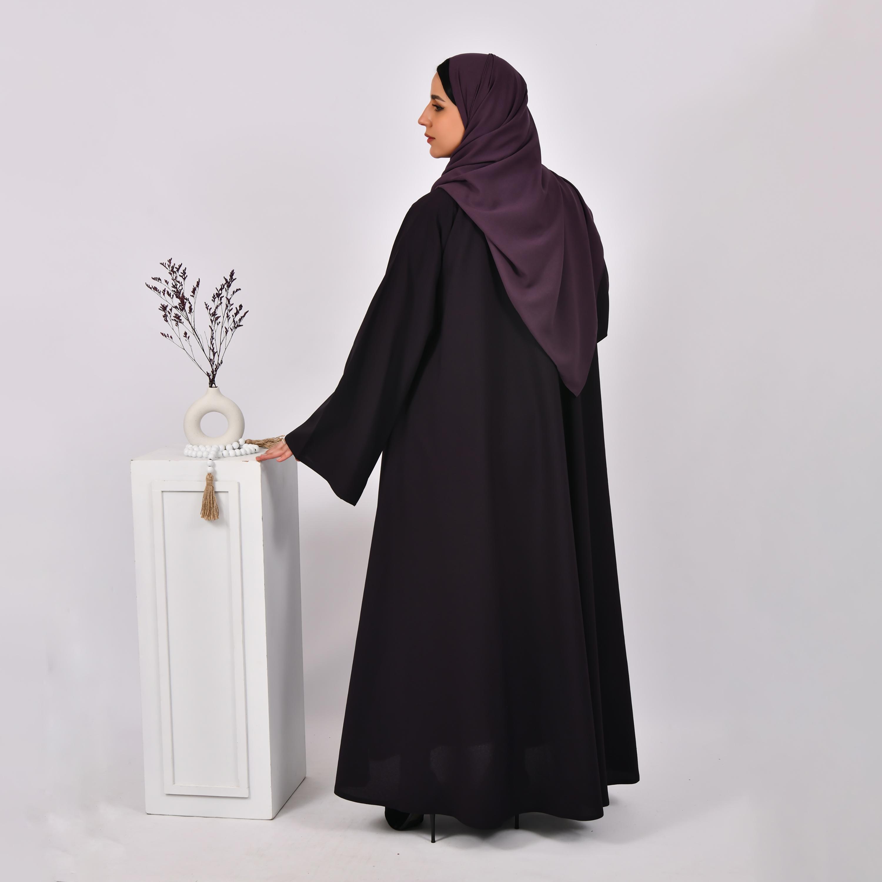 Hawraa Dark Purple Flared Sleeves Linen Cloche Wrap Abaya with Hijab-women-arabicclothing-abayas-image-5