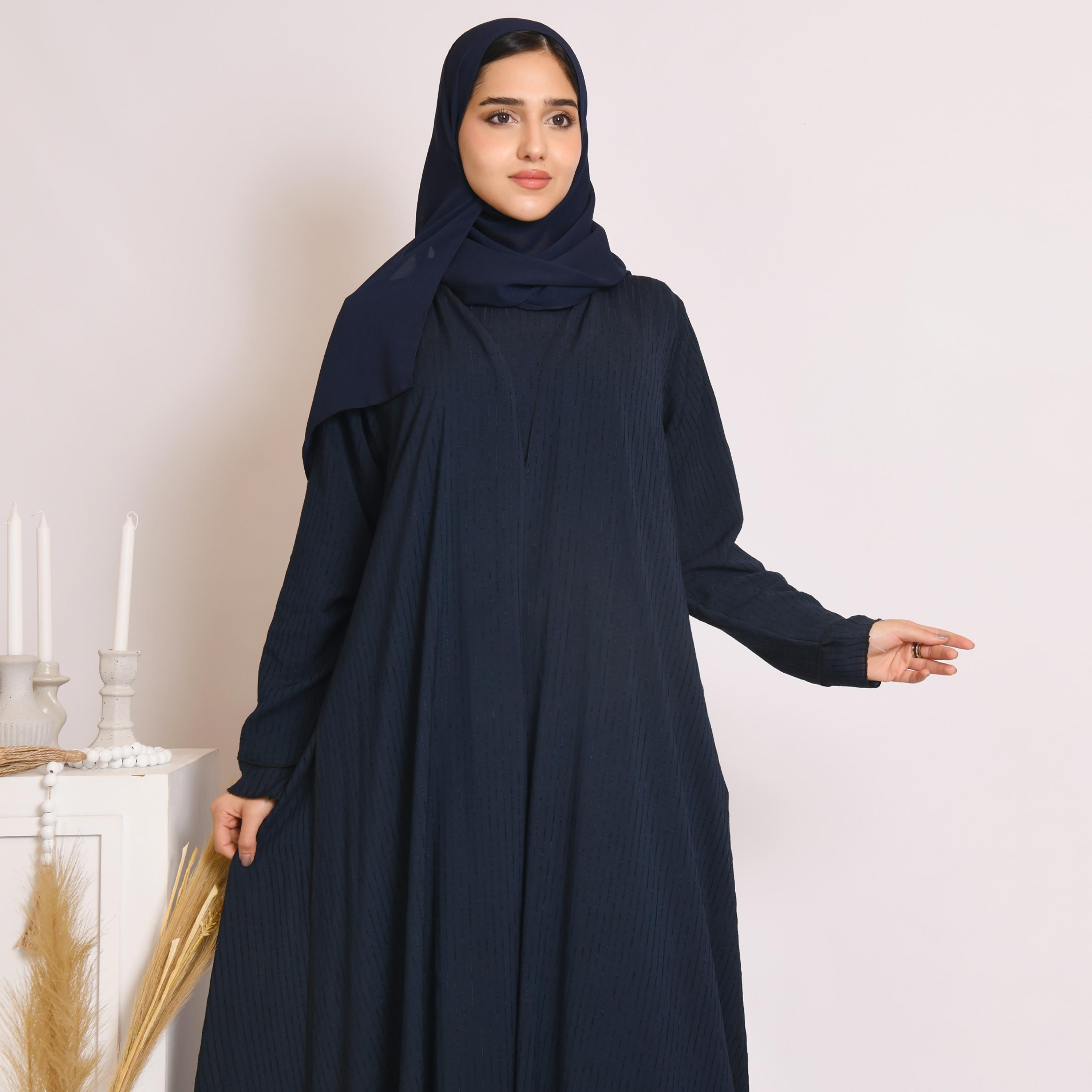 Hawraa Striped Linen Cloche Wrap Abaya with Hijab and Inner Dress-women-arabicclothing-abayas-image-1