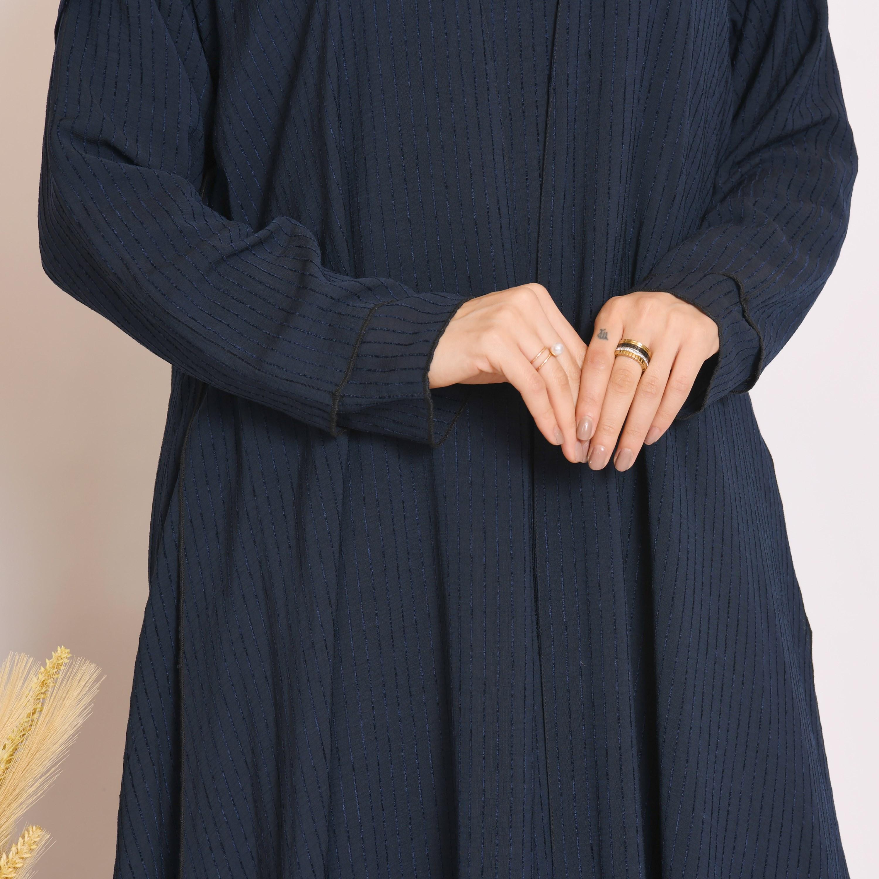 Hawraa Striped Linen Cloche Wrap Abaya with Hijab and Inner Dress-women-arabicclothing-abayas-image-2