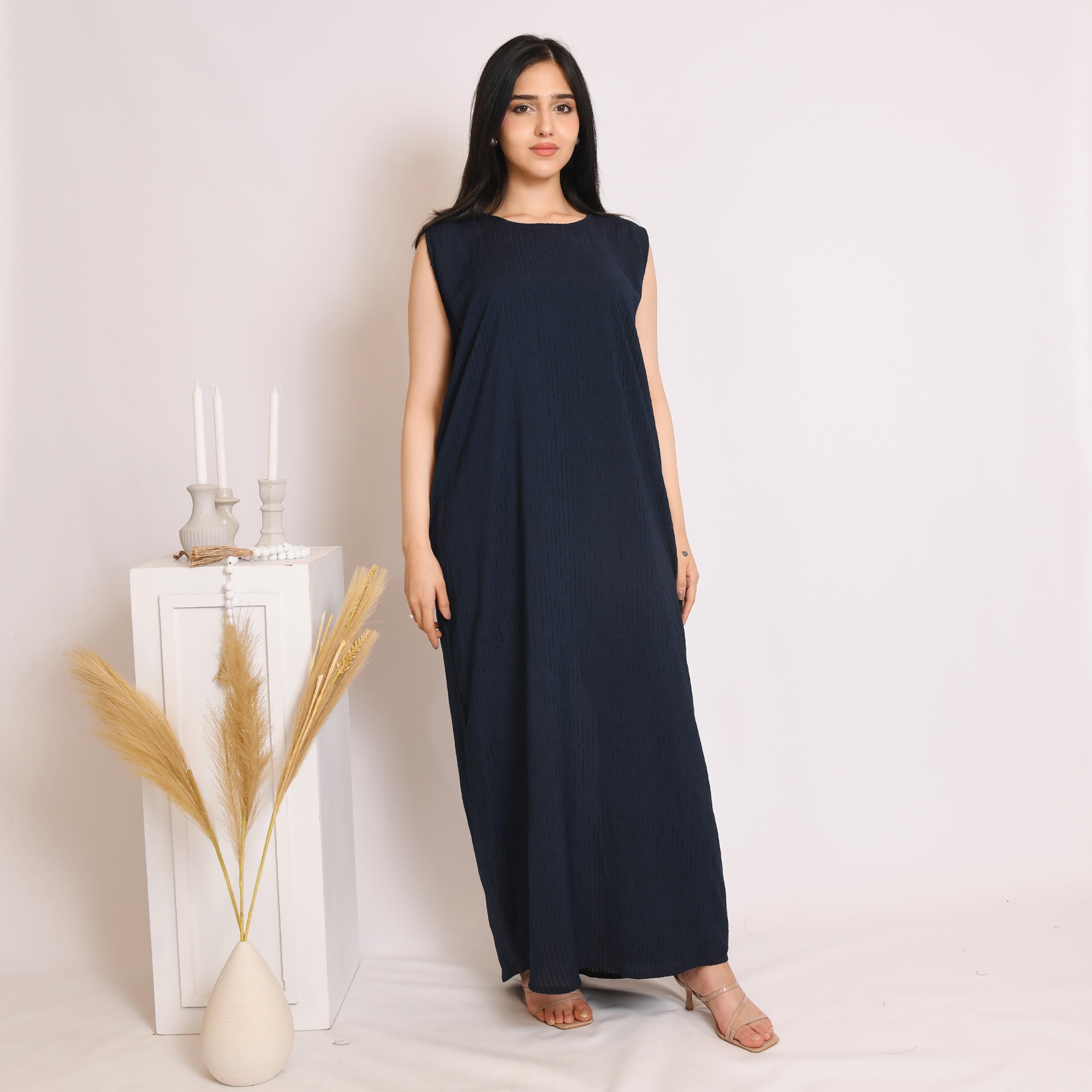 Hawraa Striped Linen Cloche Wrap Abaya with Hijab and Inner Dress-women-arabicclothing-abayas-image-3