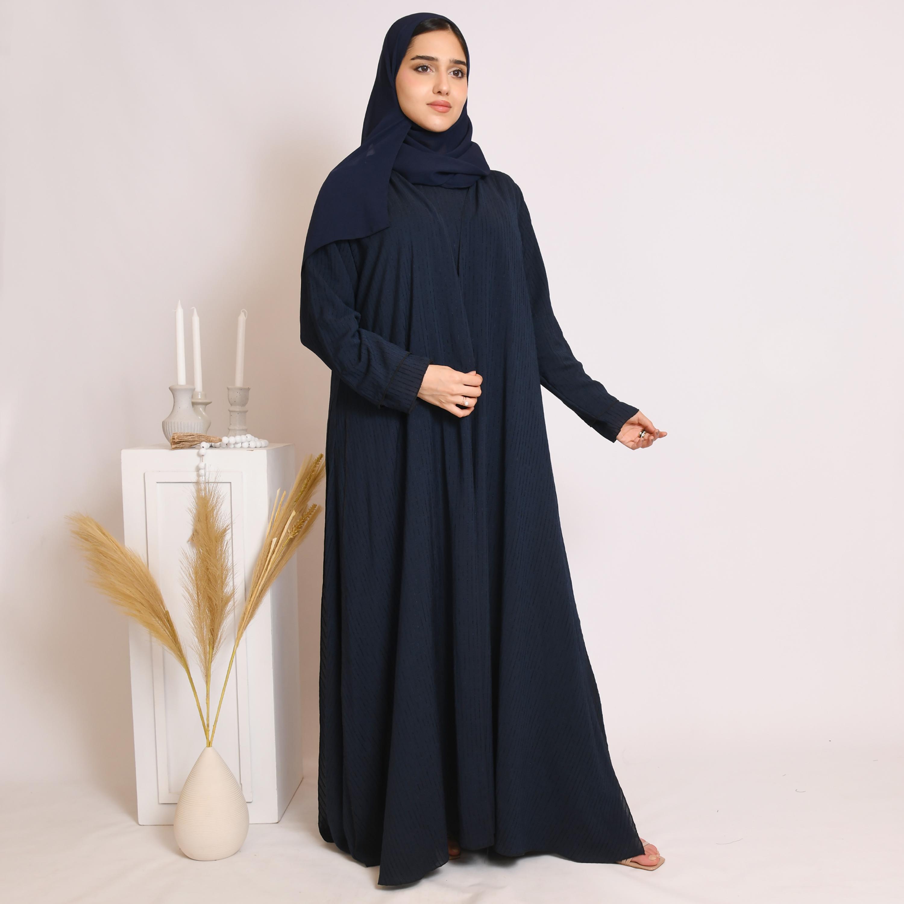 Hawraa Striped Linen Cloche Wrap Abaya with Hijab and Inner Dress-women-arabicclothing-abayas-image-4