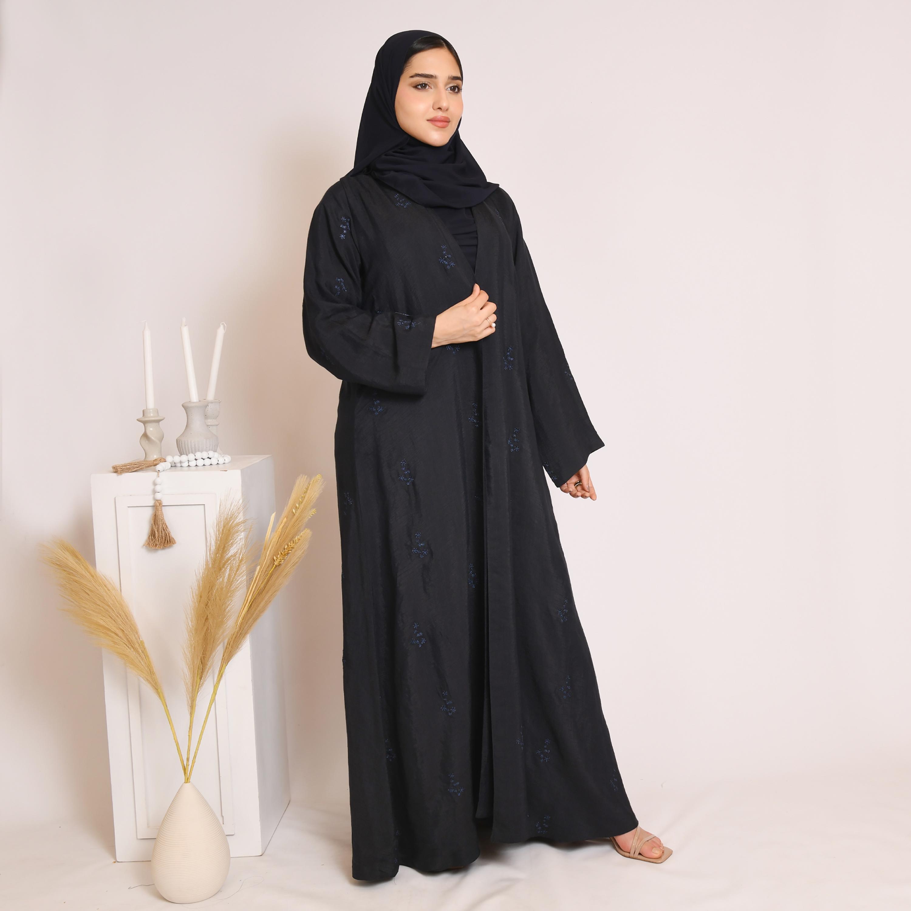 Hawraa All Over Bright Embroidered Linen Wrap Abaya with Hijab-women-arabicclothing-abayas-image-1