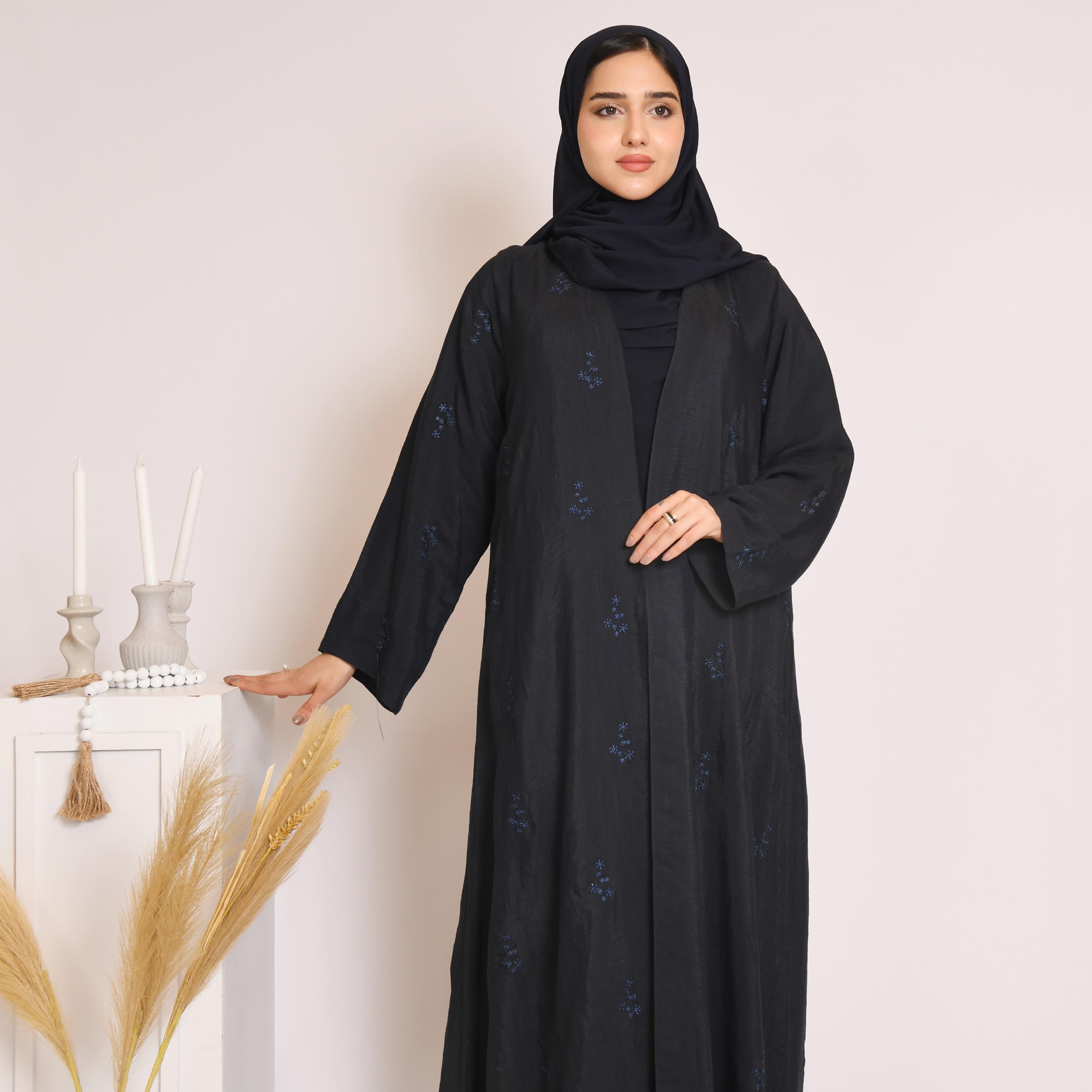 Hawraa All Over Bright Embroidered Linen Wrap Abaya with Hijab-women-arabicclothing-abayas-image-2
