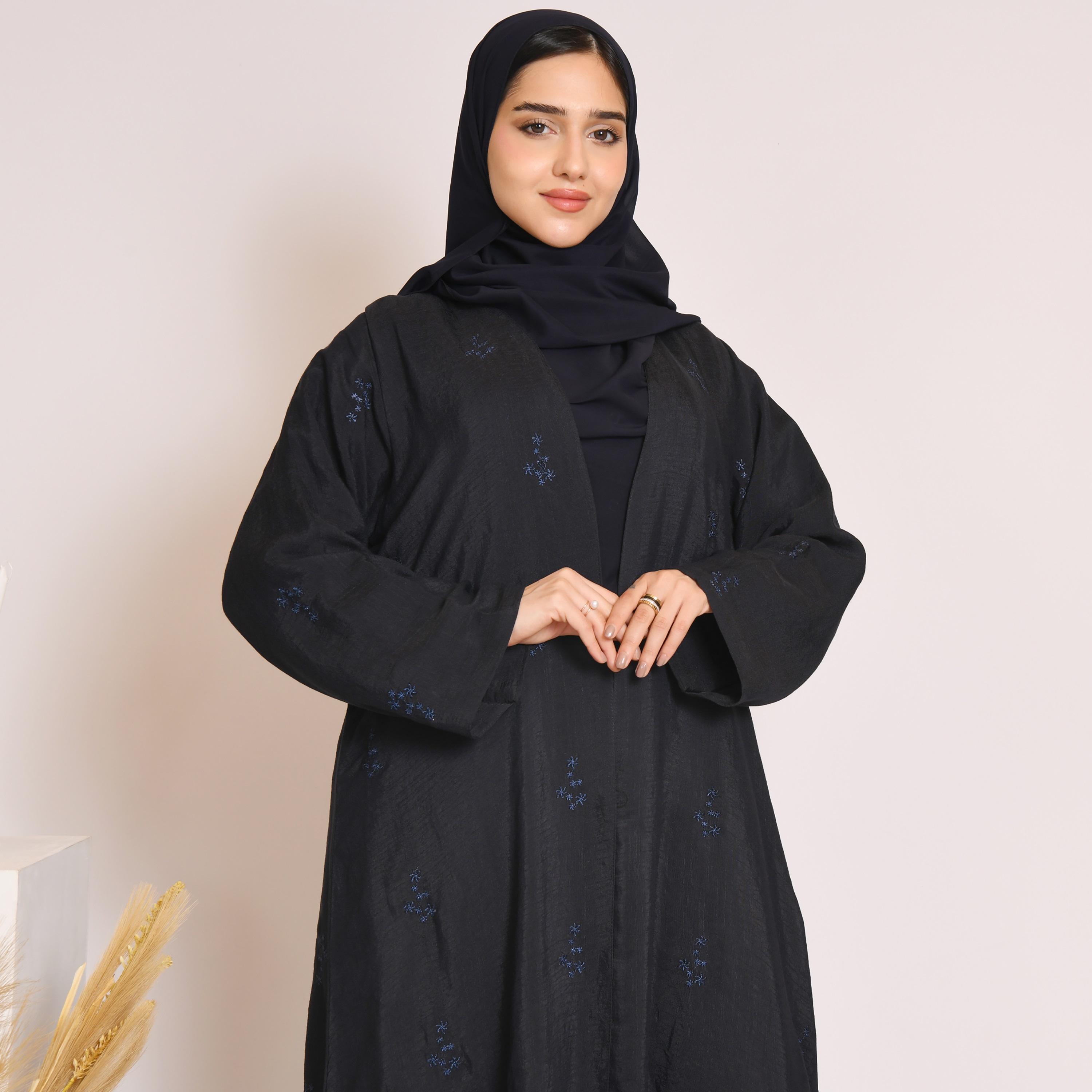 Hawraa All Over Bright Embroidered Linen Wrap Abaya with Hijab-women-arabicclothing-abayas-image-3