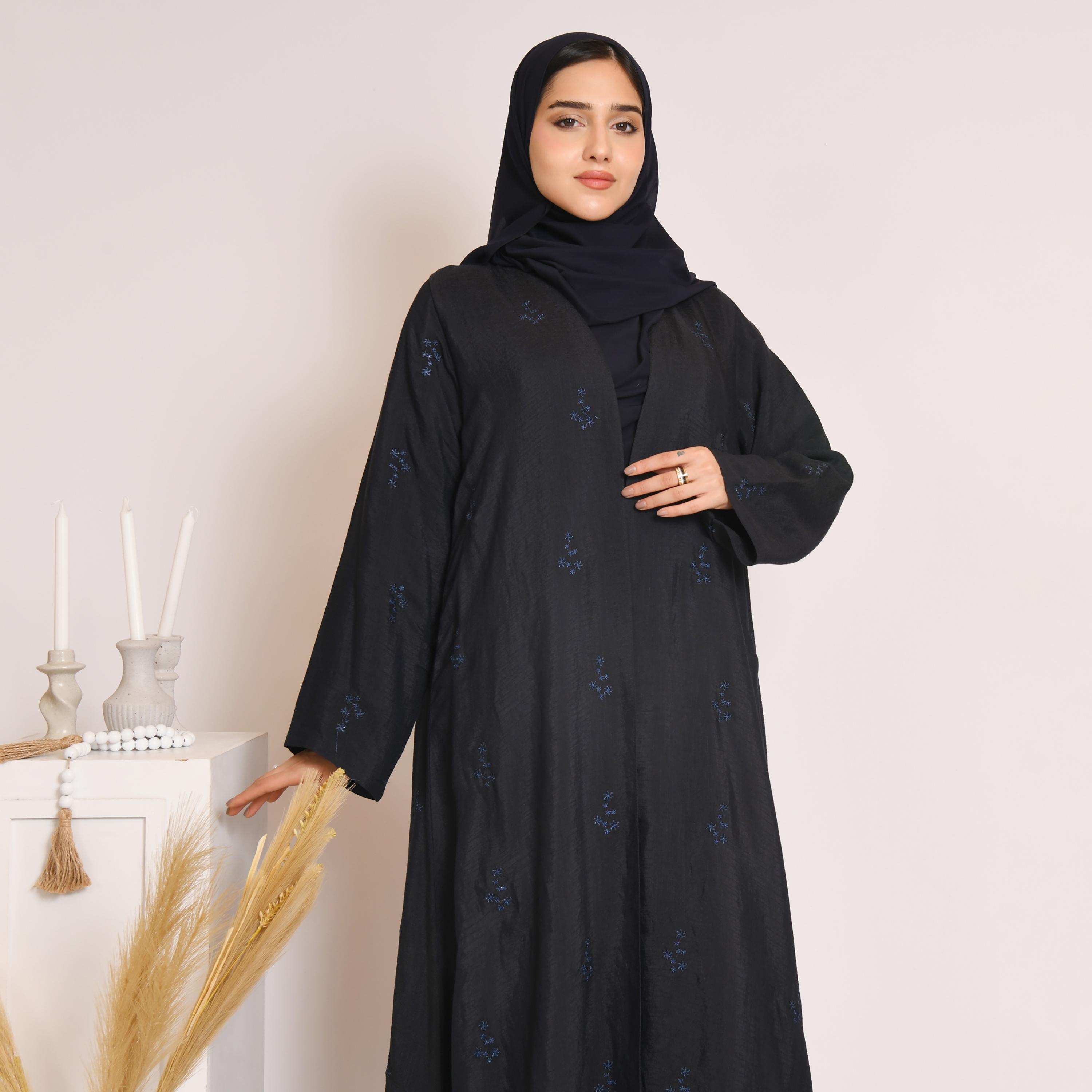 Hawraa All Over Bright Embroidered Linen Wrap Abaya with Hijab-women-arabicclothing-abayas-image-4