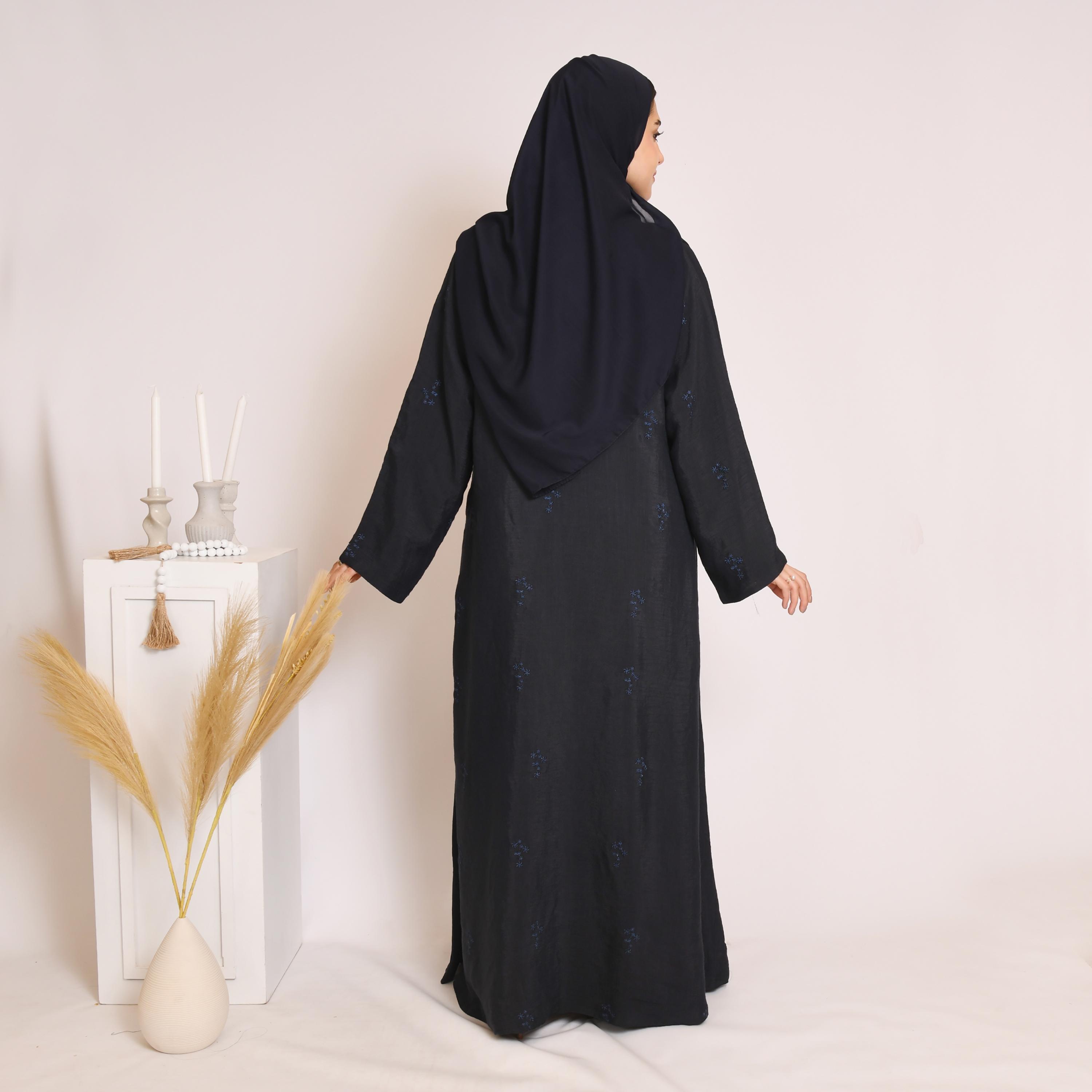Hawraa All Over Bright Embroidered Linen Wrap Abaya with Hijab-women-arabicclothing-abayas-image-5