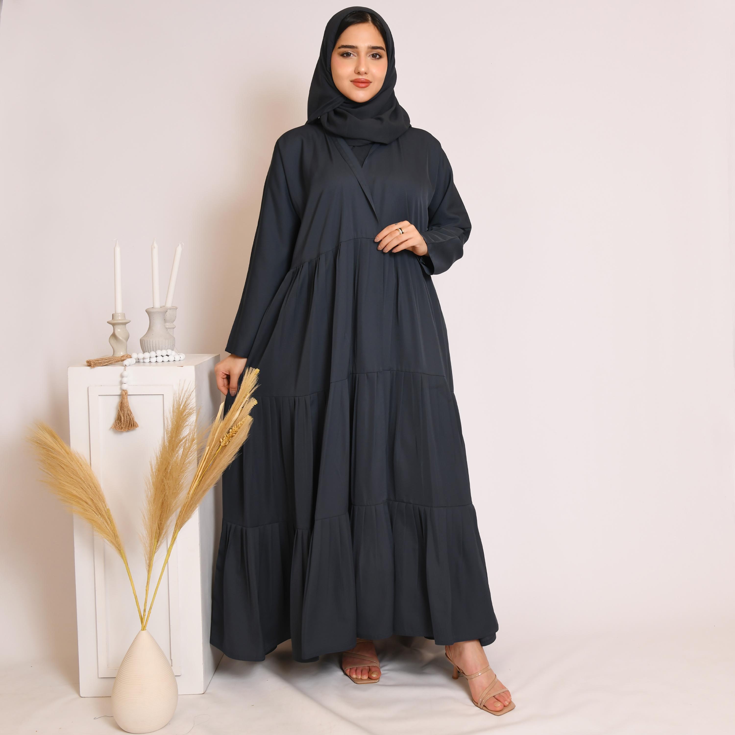 Hawraa Pleated Linen Layered Abaya with Hijab-women-arabicclothing-abayas-image-1