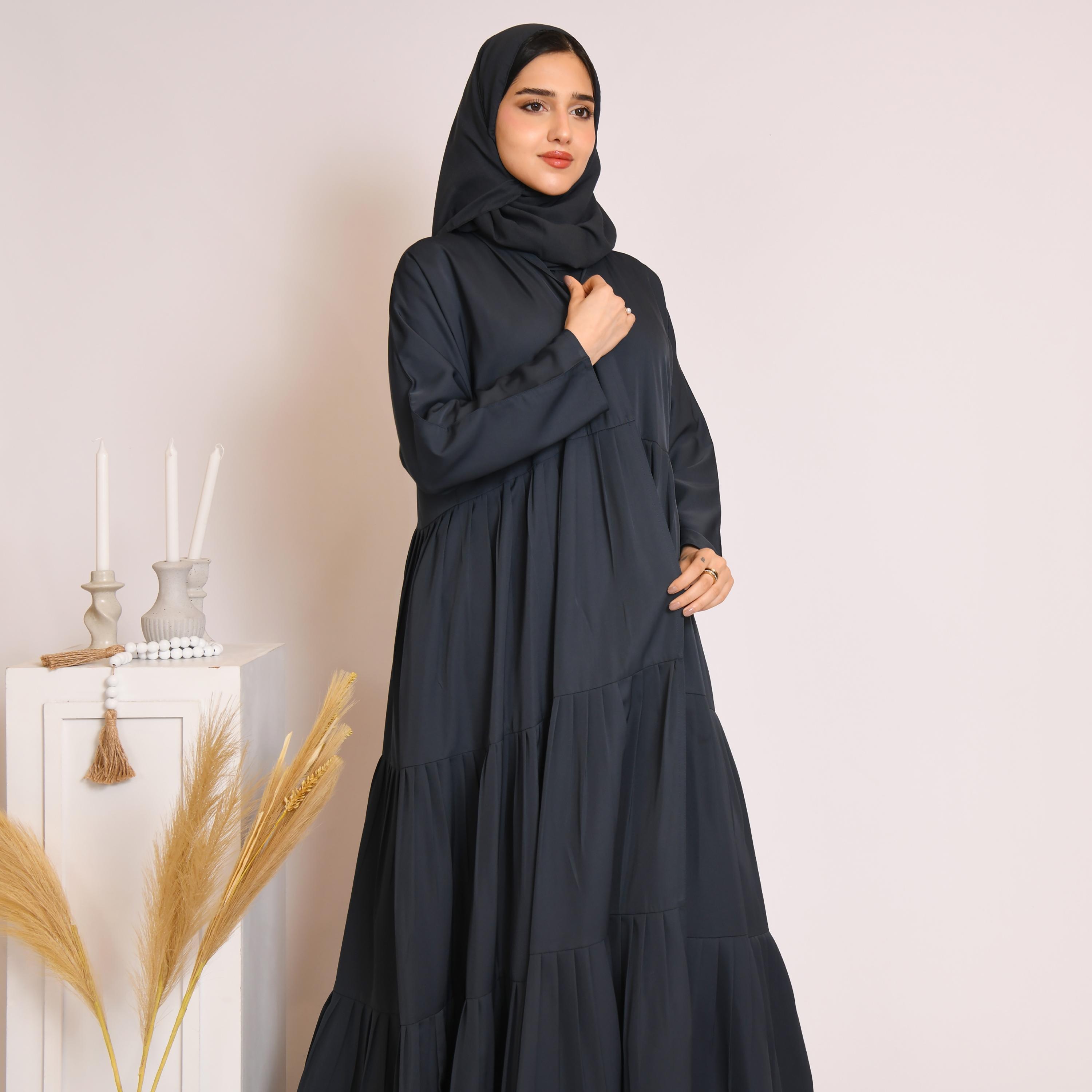 Hawraa Pleated Linen Layered Abaya with Hijab-women-arabicclothing-abayas-image-2