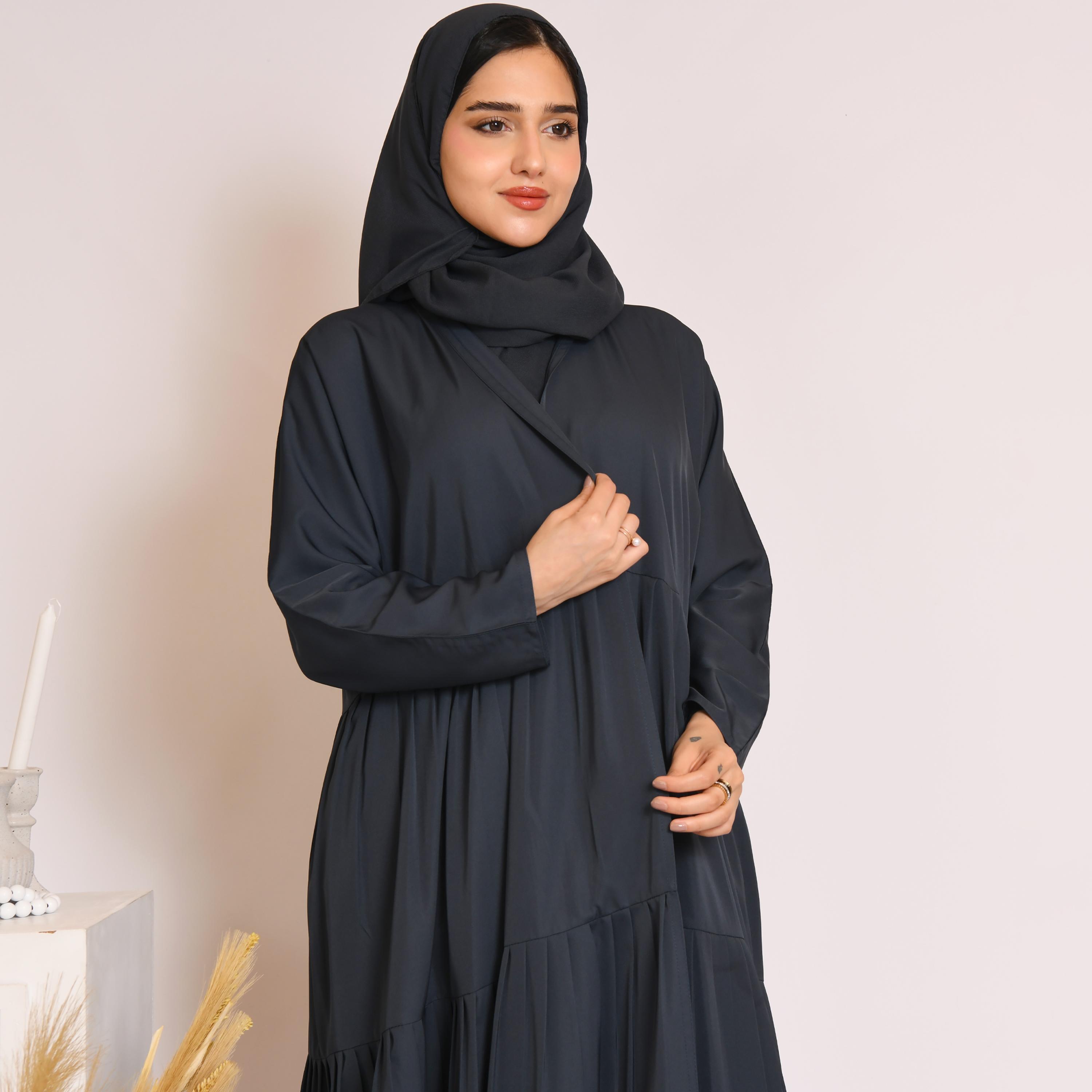 Hawraa Pleated Linen Layered Abaya with Hijab-women-arabicclothing-abayas-image-3