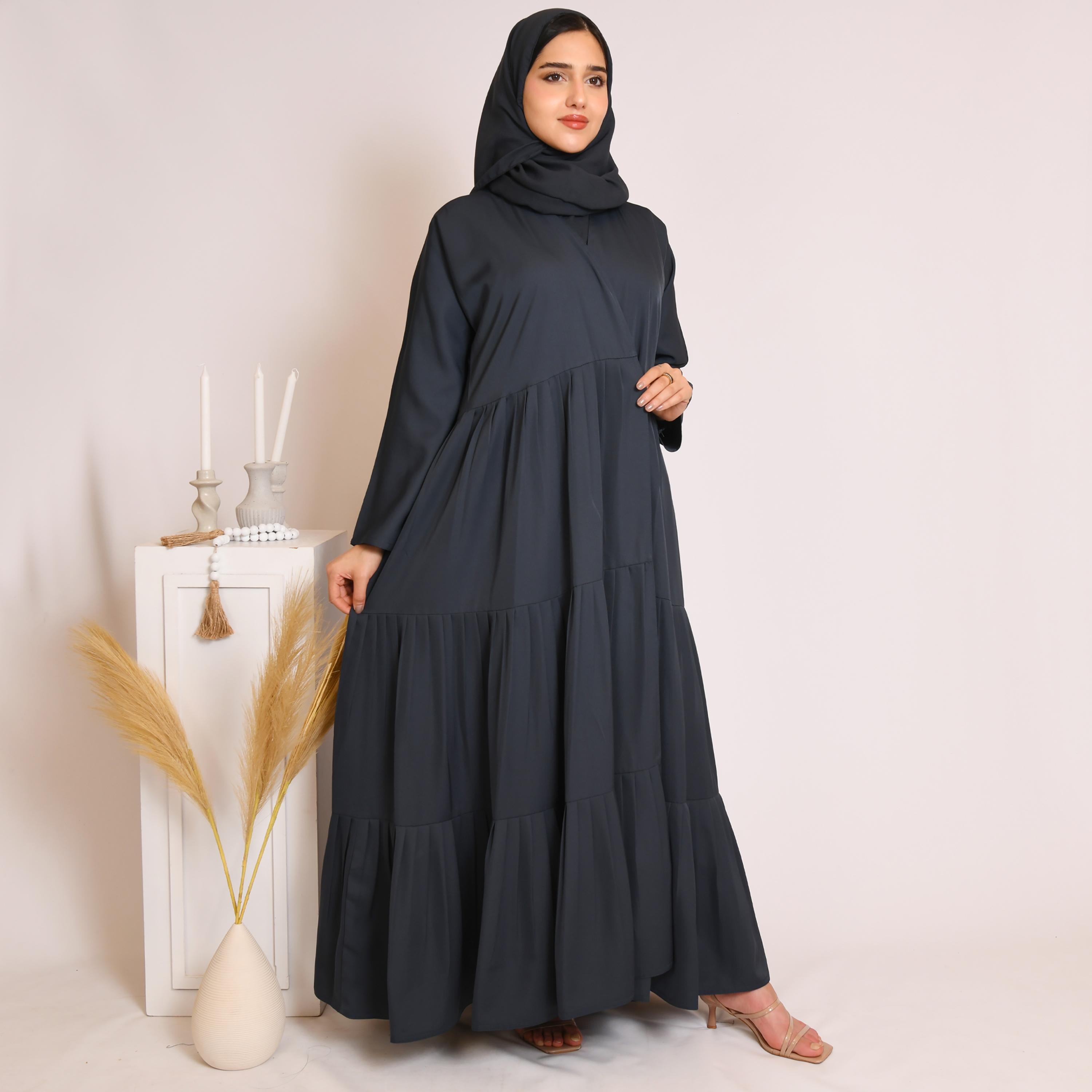 Hawraa Pleated Linen Layered Abaya with Hijab-women-arabicclothing-abayas-image-4