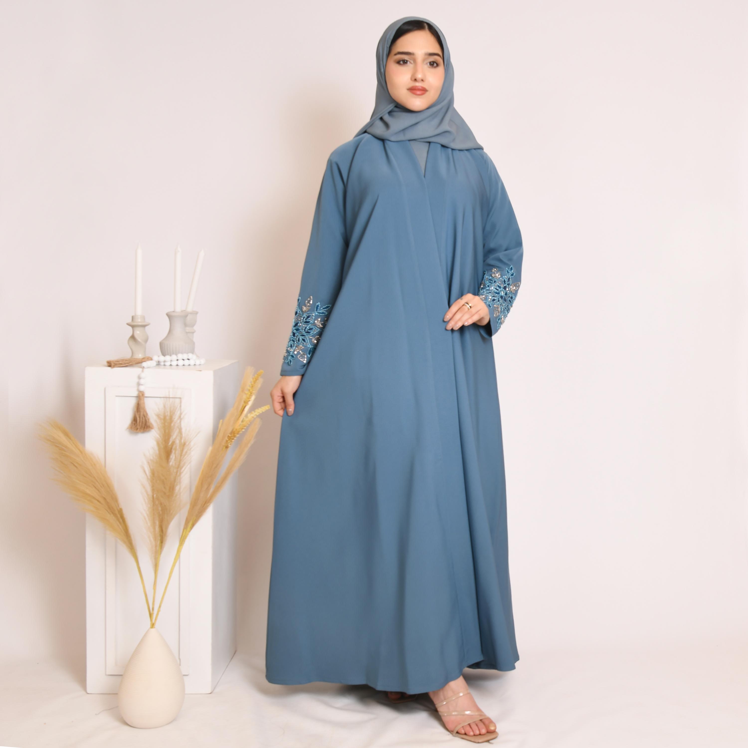 Hawraa Hand Beaded and Embroidered Linen Cloche Wrap Abaya with Hijab-women-arabicclothing-abayas-image-1
