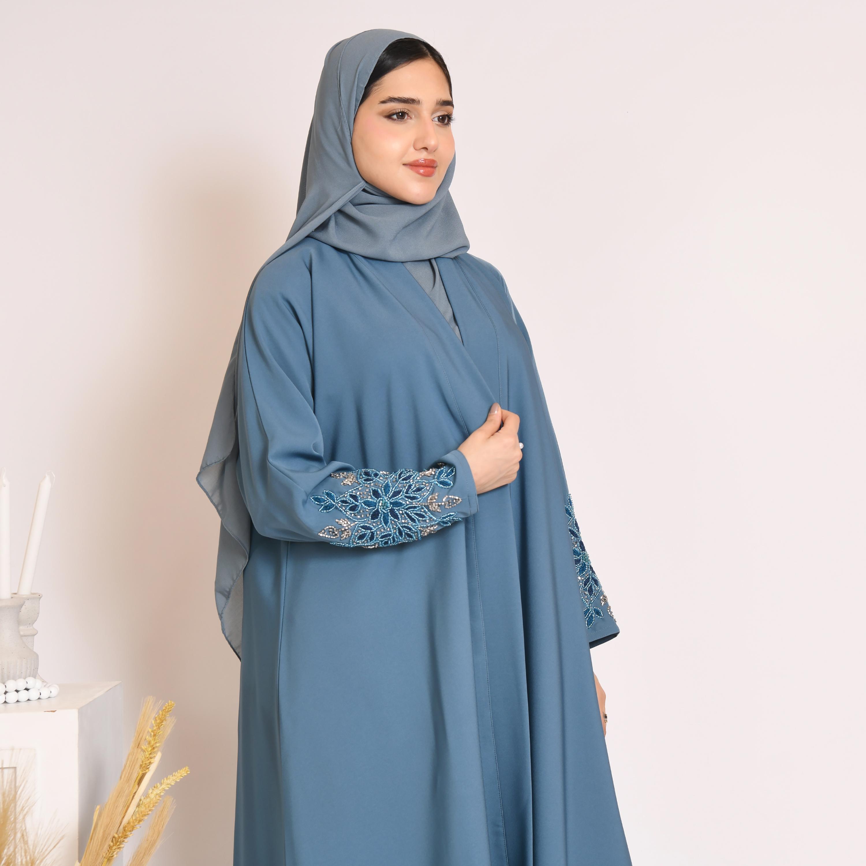 Hawraa Hand Beaded and Embroidered Linen Cloche Wrap Abaya with Hijab-women-arabicclothing-abayas-image-2
