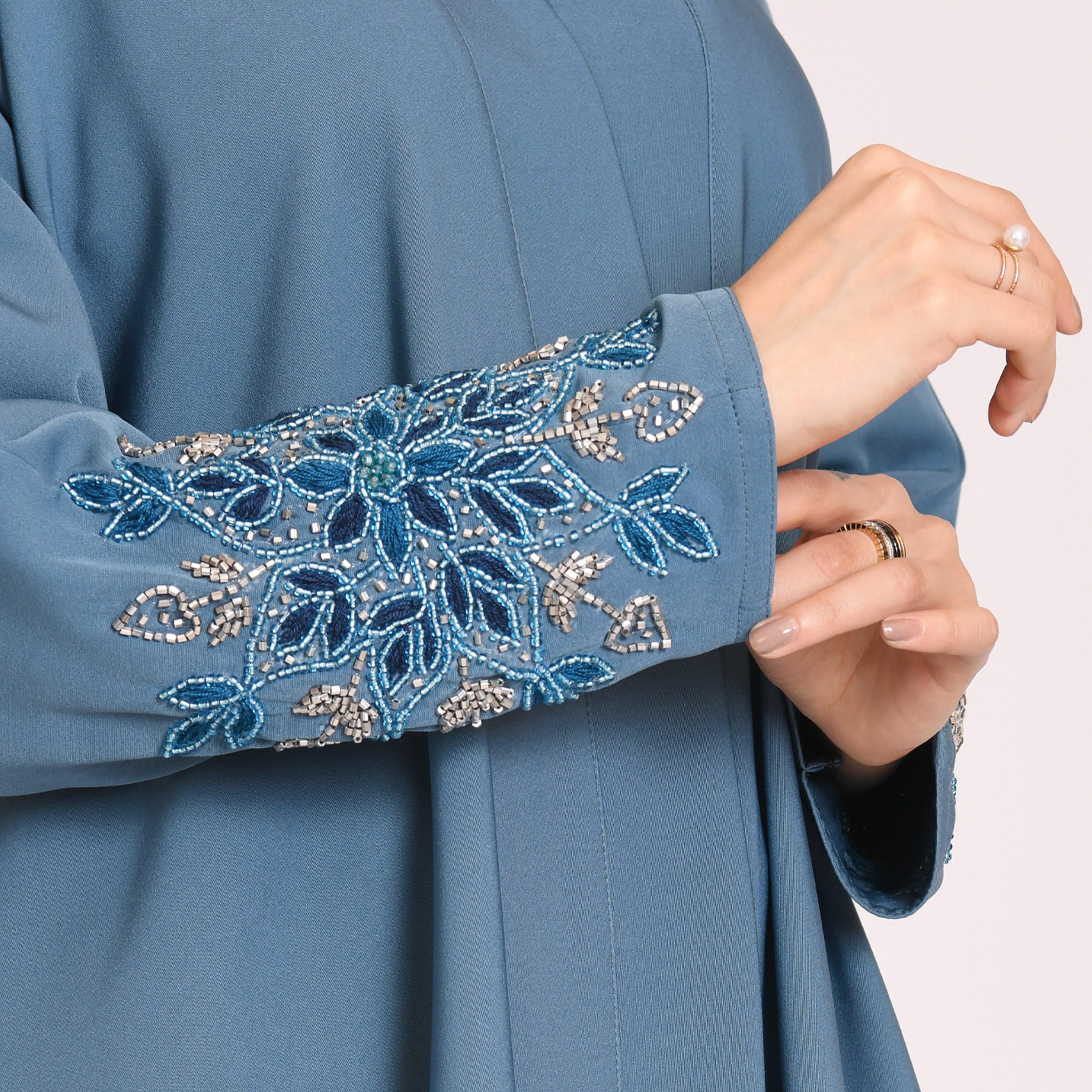 Hawraa Hand Beaded and Embroidered Linen Cloche Wrap Abaya with Hijab-women-arabicclothing-abayas-image-3