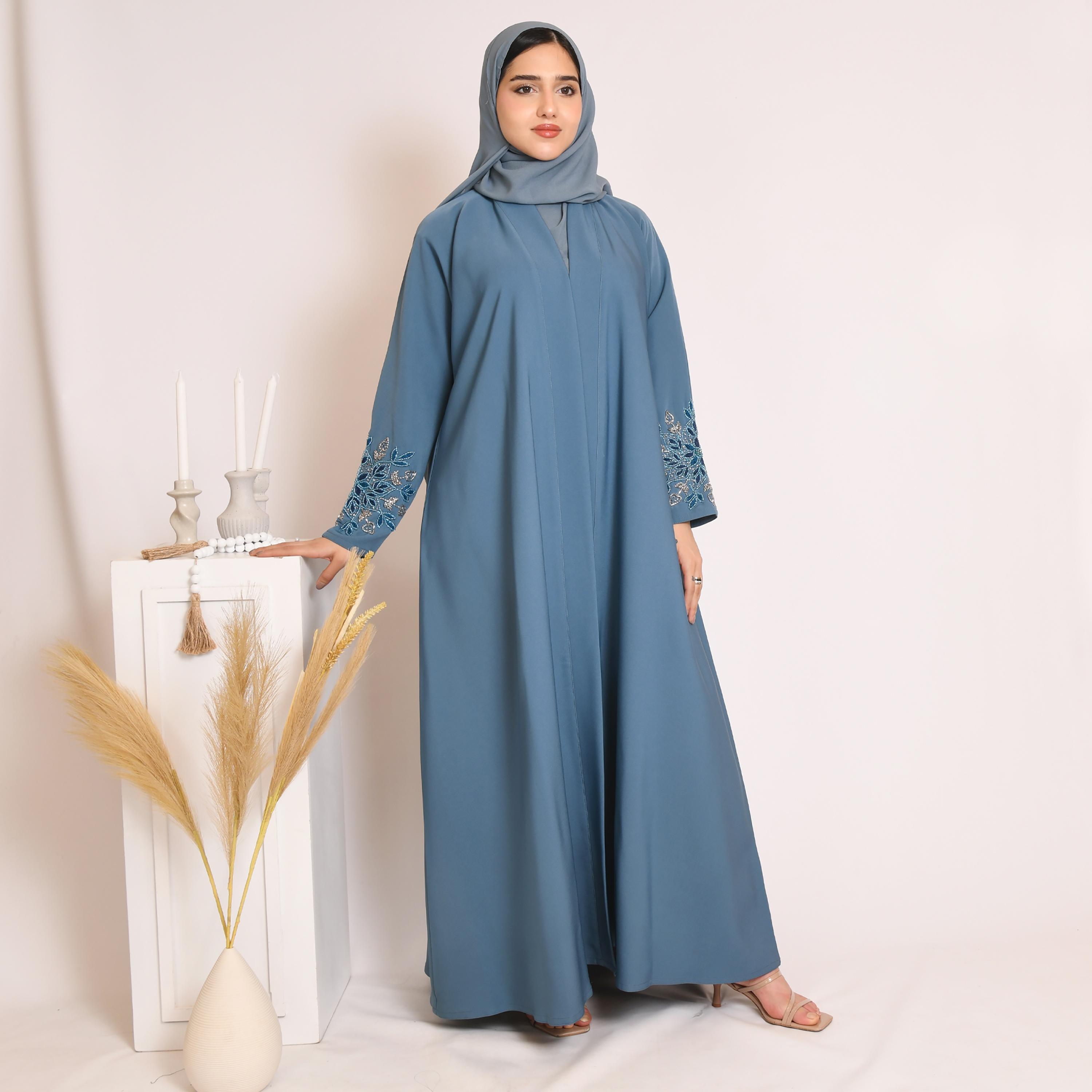 Hawraa Hand Beaded and Embroidered Linen Cloche Wrap Abaya with Hijab-women-arabicclothing-abayas-image-4