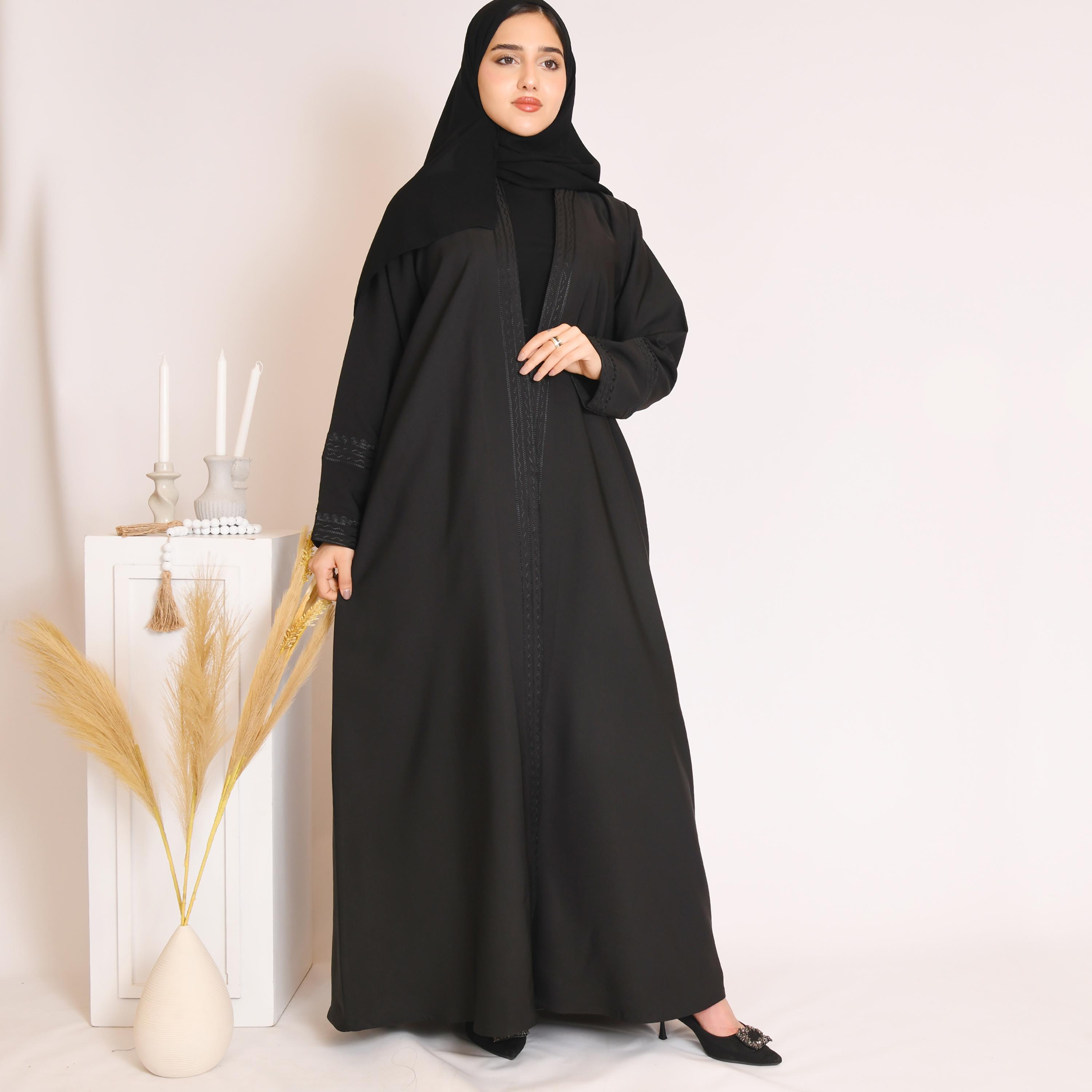 Hawraa Black Embroidered and Back Pleat Linen Abaya with Hijab-women-arabicclothing-abayas-image-1