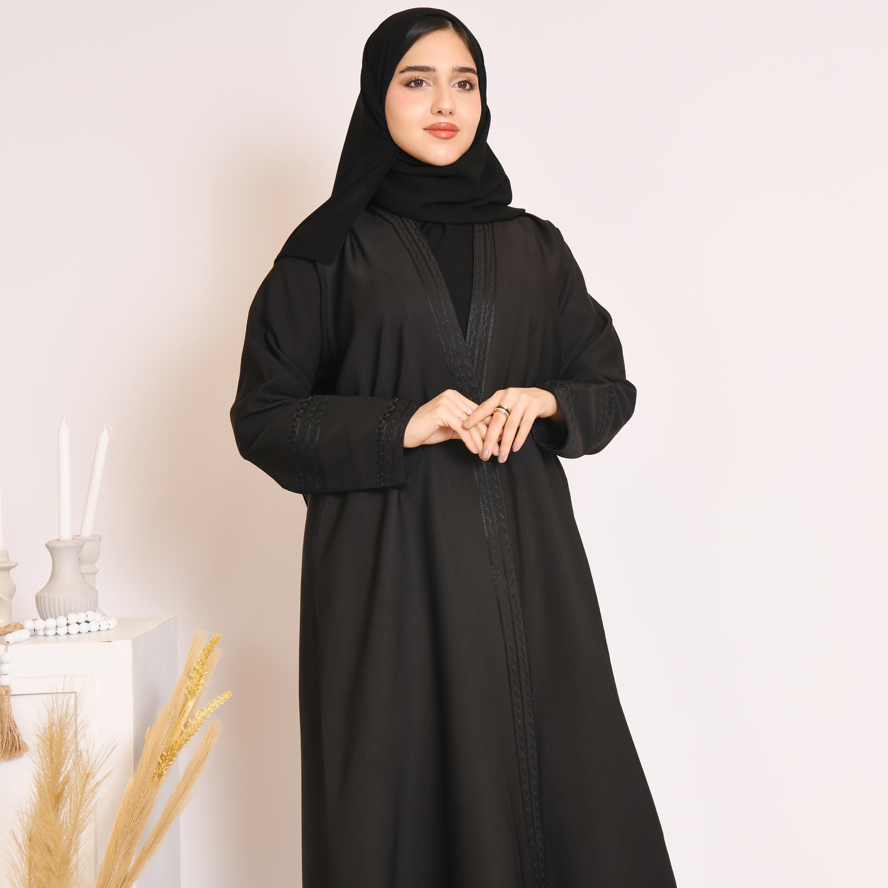Hawraa Black Embroidered and Back Pleat Linen Abaya with Hijab-women-arabicclothing-abayas-image-2