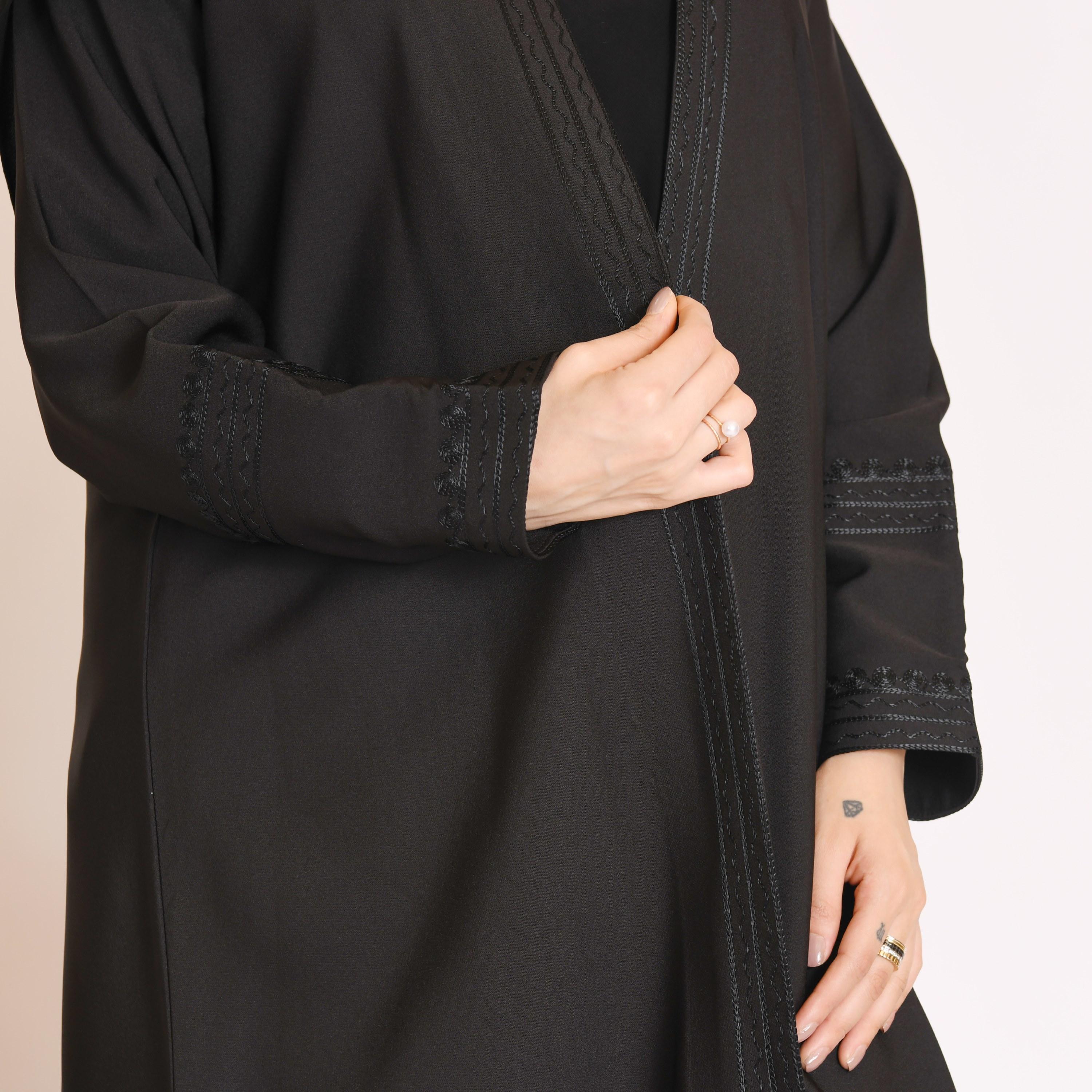 Hawraa Black Embroidered and Back Pleat Linen Abaya with Hijab-women-arabicclothing-abayas-image-3