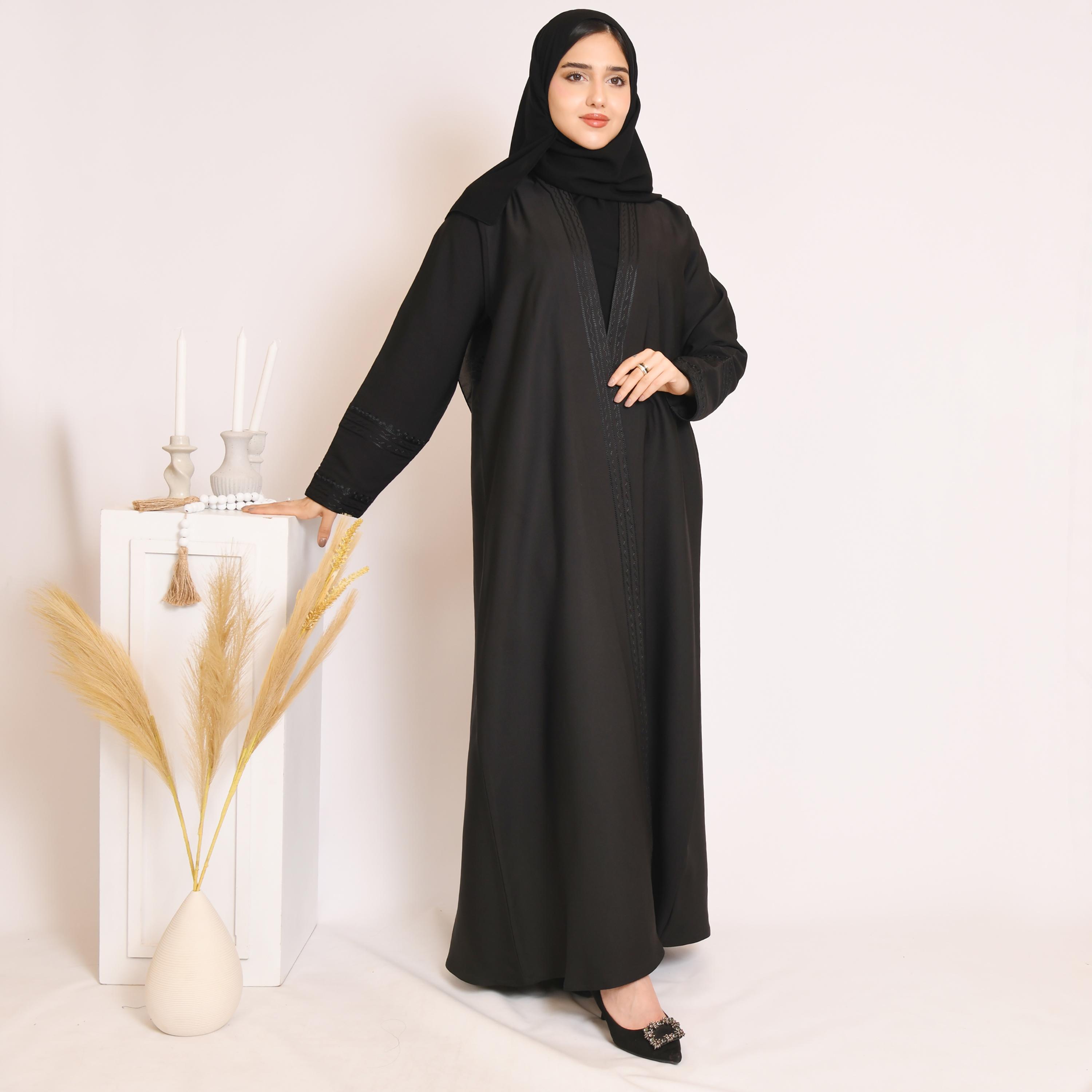 Hawraa Black Embroidered and Back Pleat Linen Abaya with Hijab-women-arabicclothing-abayas-image-4