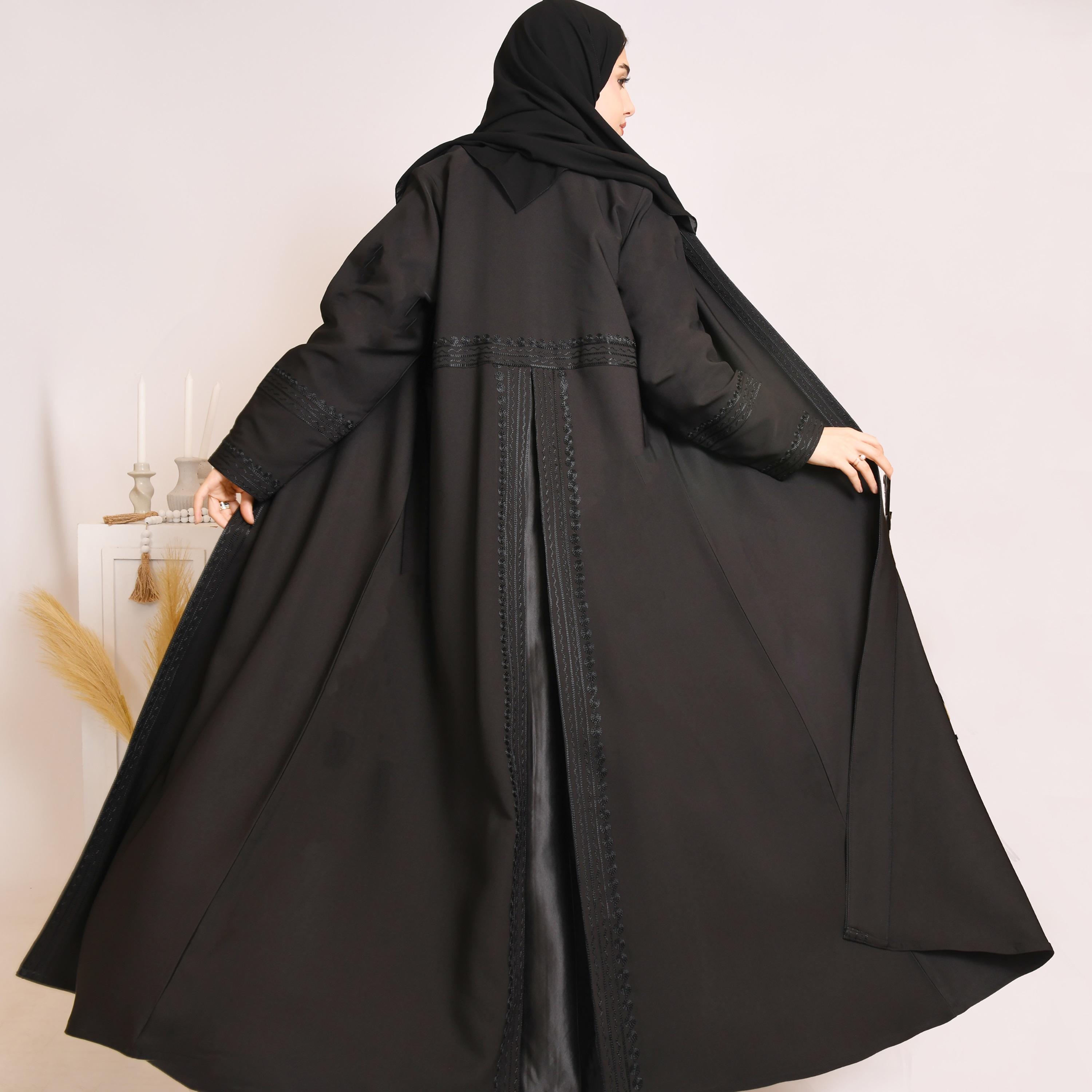 Hawraa Black Embroidered and Back Pleat Linen Abaya with Hijab-women-arabicclothing-abayas-image-5