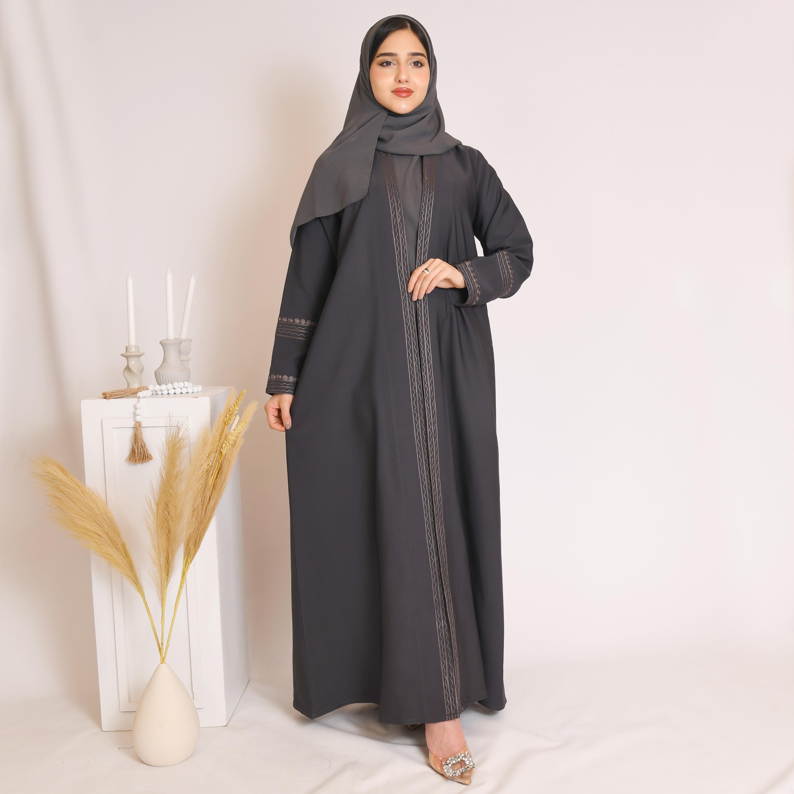 Hawraa Grey Embroidered and Back Pleat Linen Abaya with Hijab-women-arabicclothing-abayas-image-1
