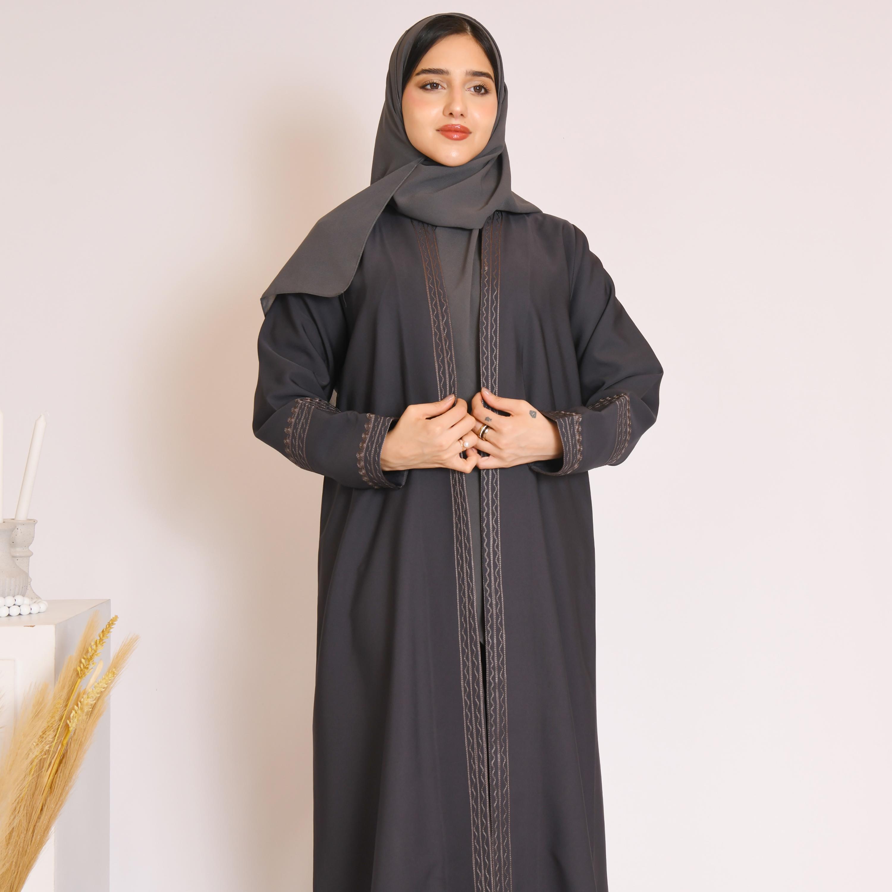 Hawraa Grey Embroidered and Back Pleat Linen Abaya with Hijab-women-arabicclothing-abayas-image-2