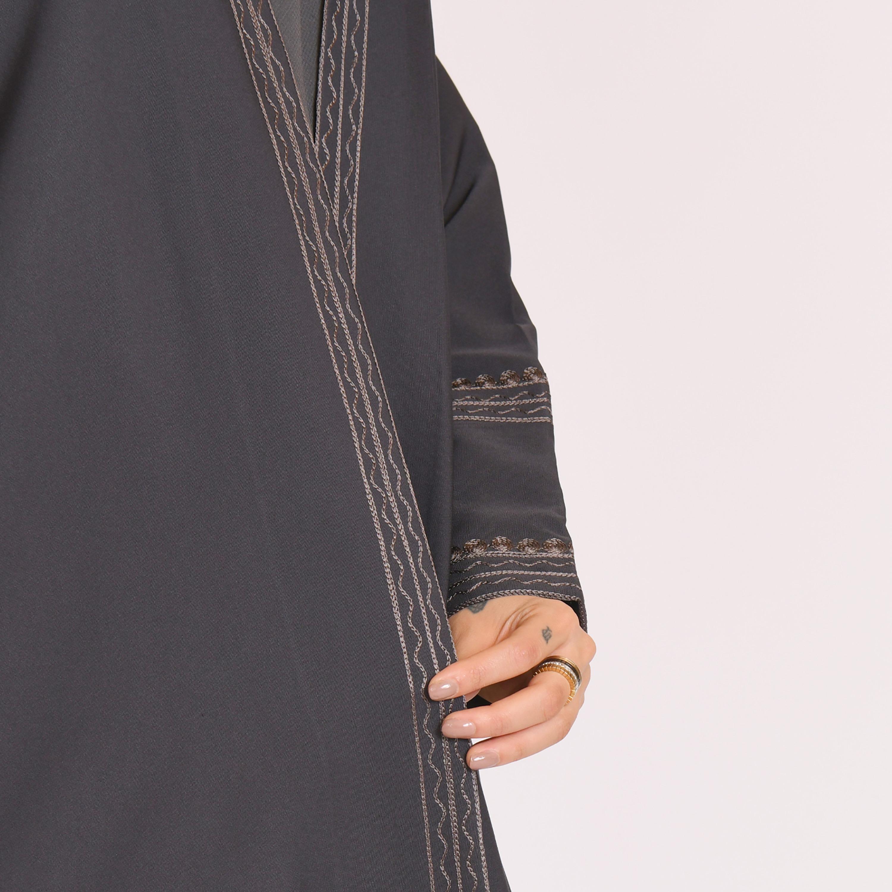 Hawraa Grey Embroidered and Back Pleat Linen Abaya with Hijab-women-arabicclothing-abayas-image-3