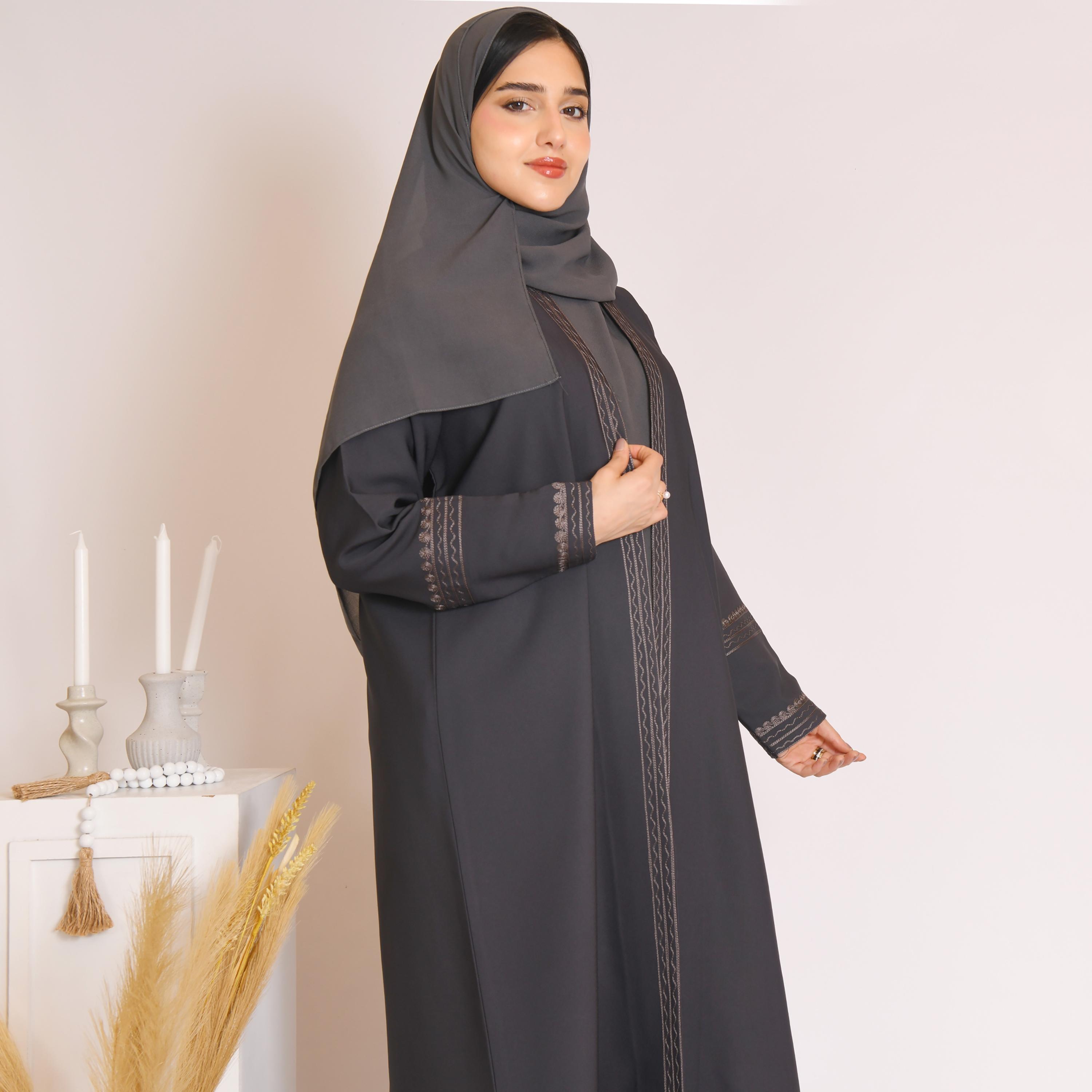 Hawraa Grey Embroidered and Back Pleat Linen Abaya with Hijab-women-arabicclothing-abayas-image-4