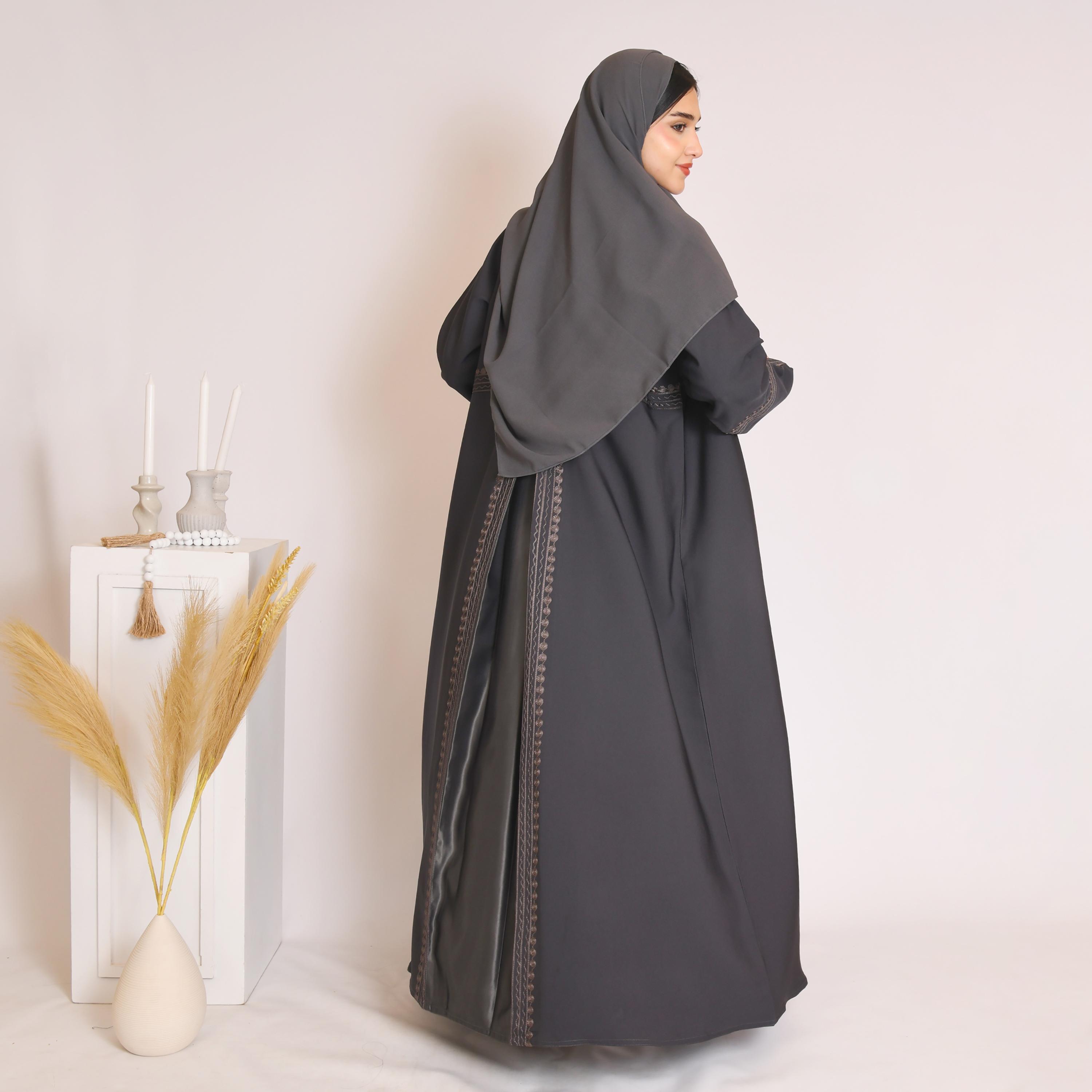 Hawraa Grey Embroidered and Back Pleat Linen Abaya with Hijab-women-arabicclothing-abayas-image-5