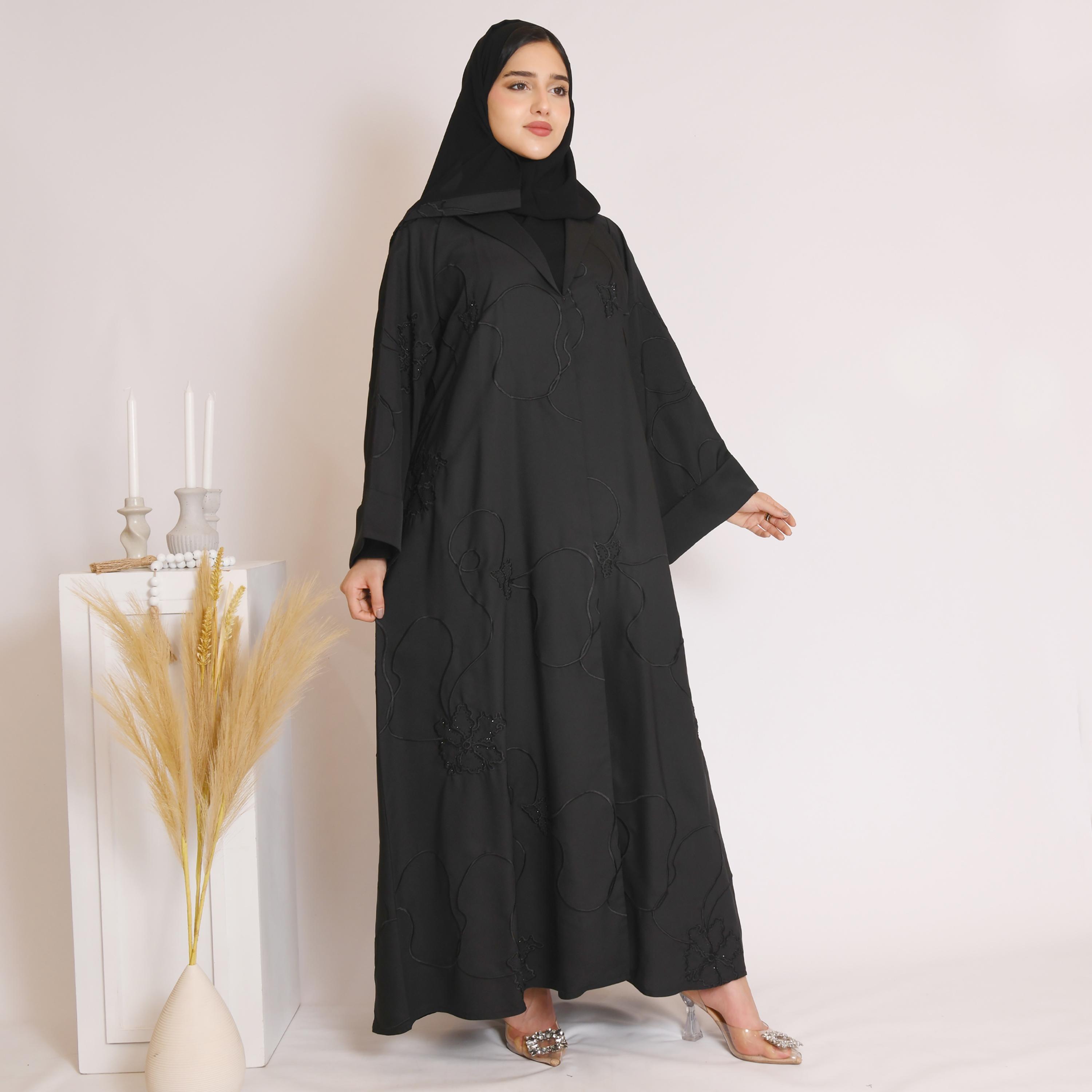 Hawraa Wide Sleeves Embroidered and Rhinestone Linen Cloche Abaya with Hijab-women-arabicclothing-abayas-image-1