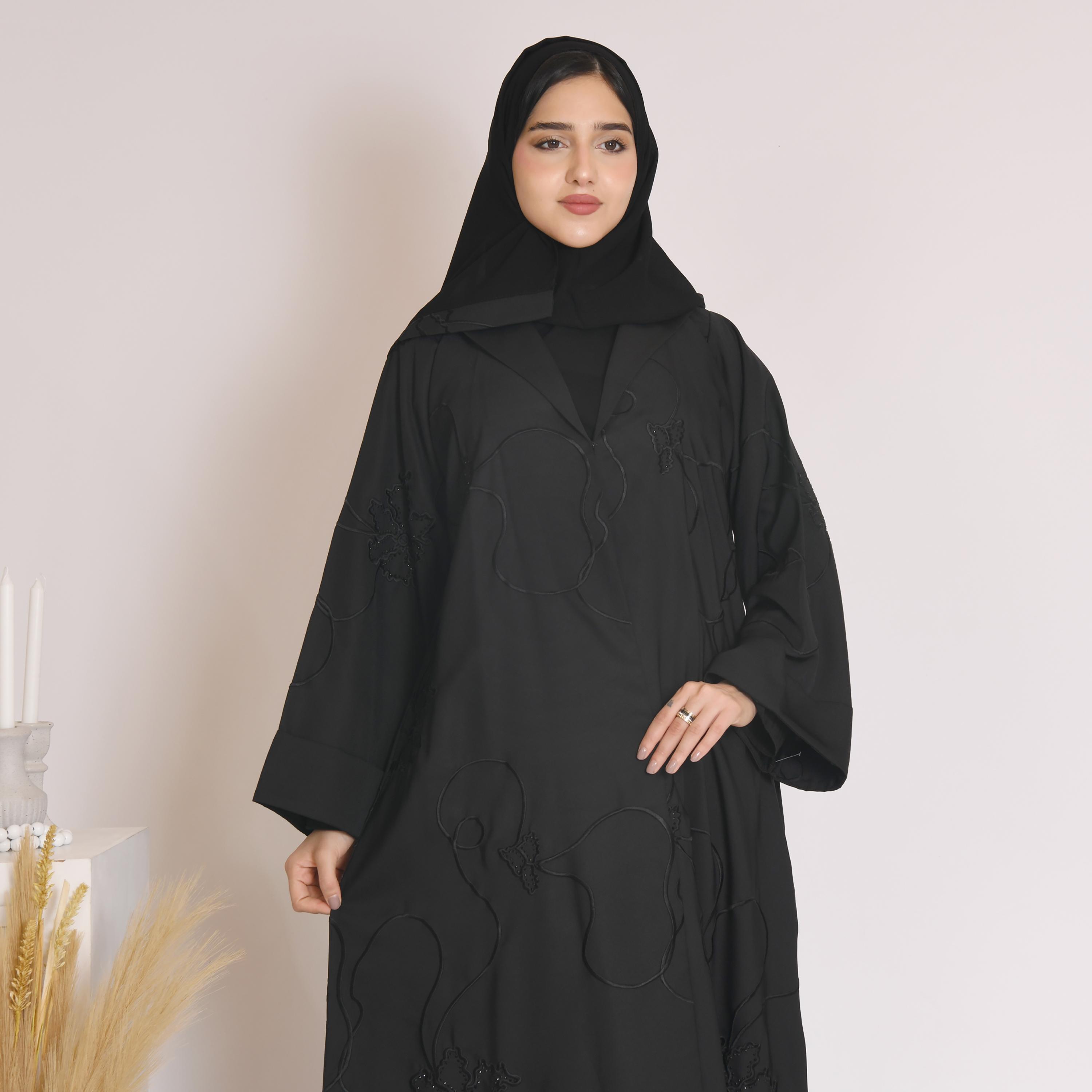 Hawraa Wide Sleeves Embroidered and Rhinestone Linen Cloche Abaya with Hijab-women-arabicclothing-abayas-image-2