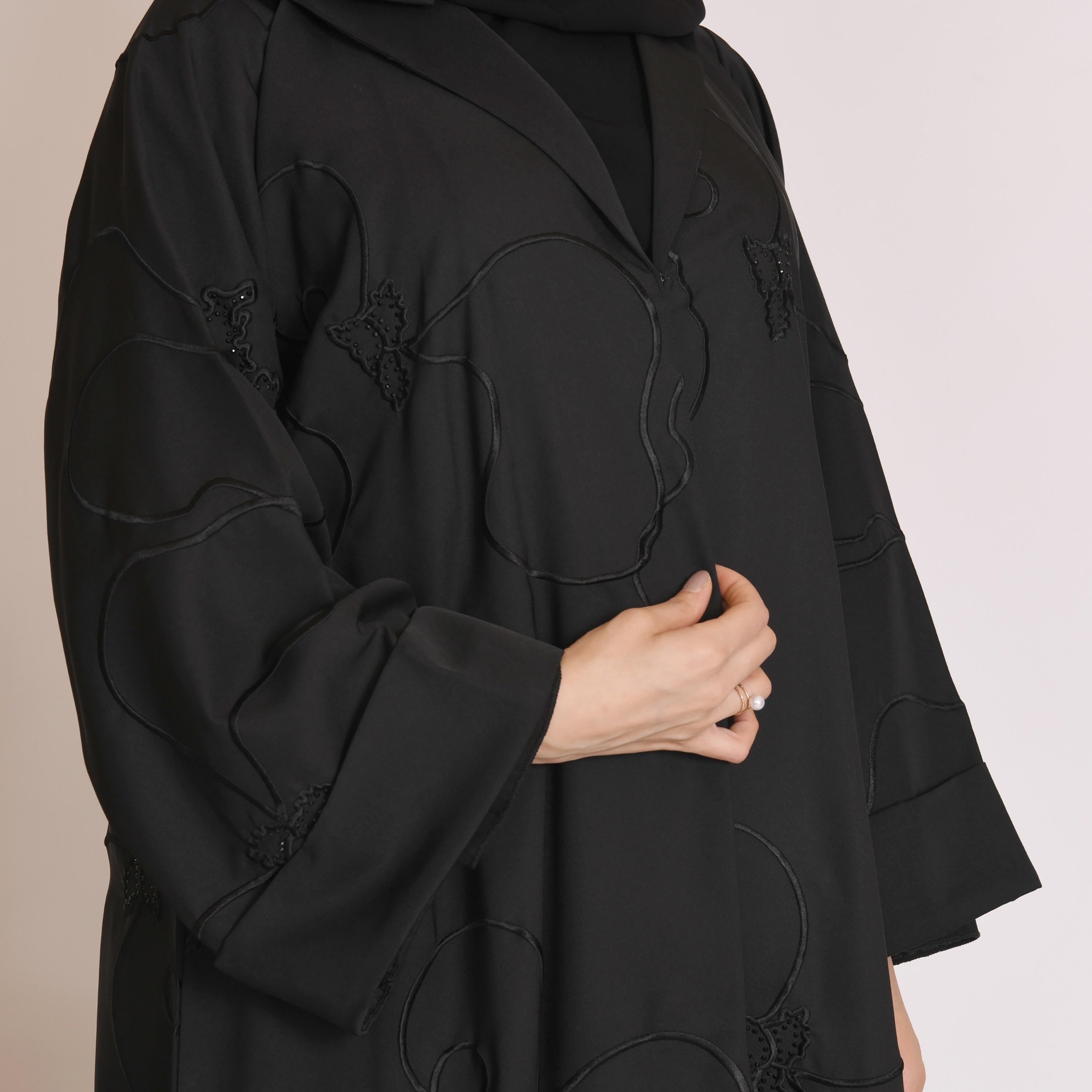 Hawraa Wide Sleeves Embroidered and Rhinestone Linen Cloche Abaya with Hijab-women-arabicclothing-abayas-image-3